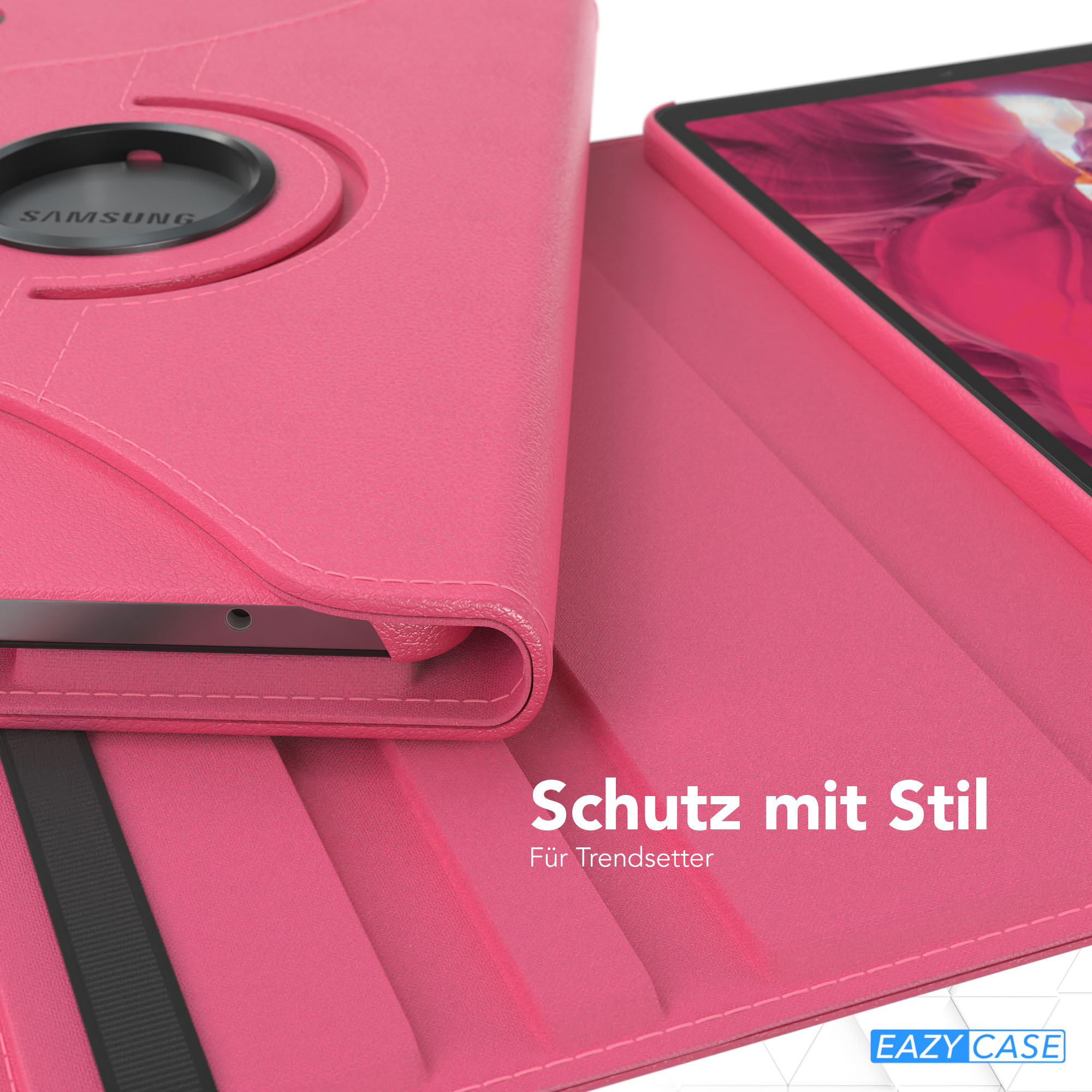 Pinkfarbene Samsung Tablet-Hülle, geöffnet. Schwarzer Drehring mit Samsung-Logo. Pinkfarbener Bezug mit Text 'Schutz mit Stil'.