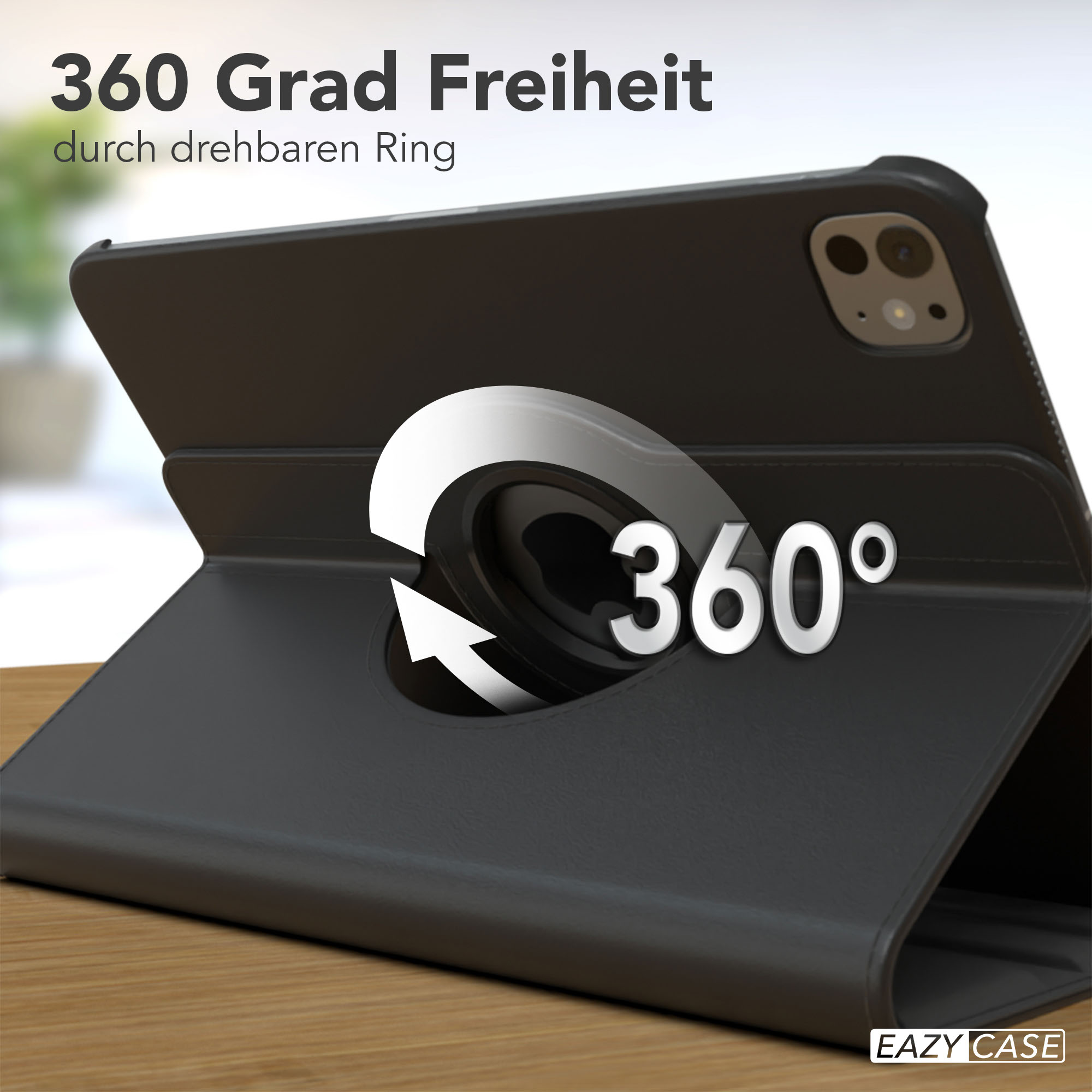 Schwarze Tablethülle mit 360-Grad-Drehung. Weißer Pfeil zeigt die Drehfunktion. Text: '360 Grad Freiheit'.