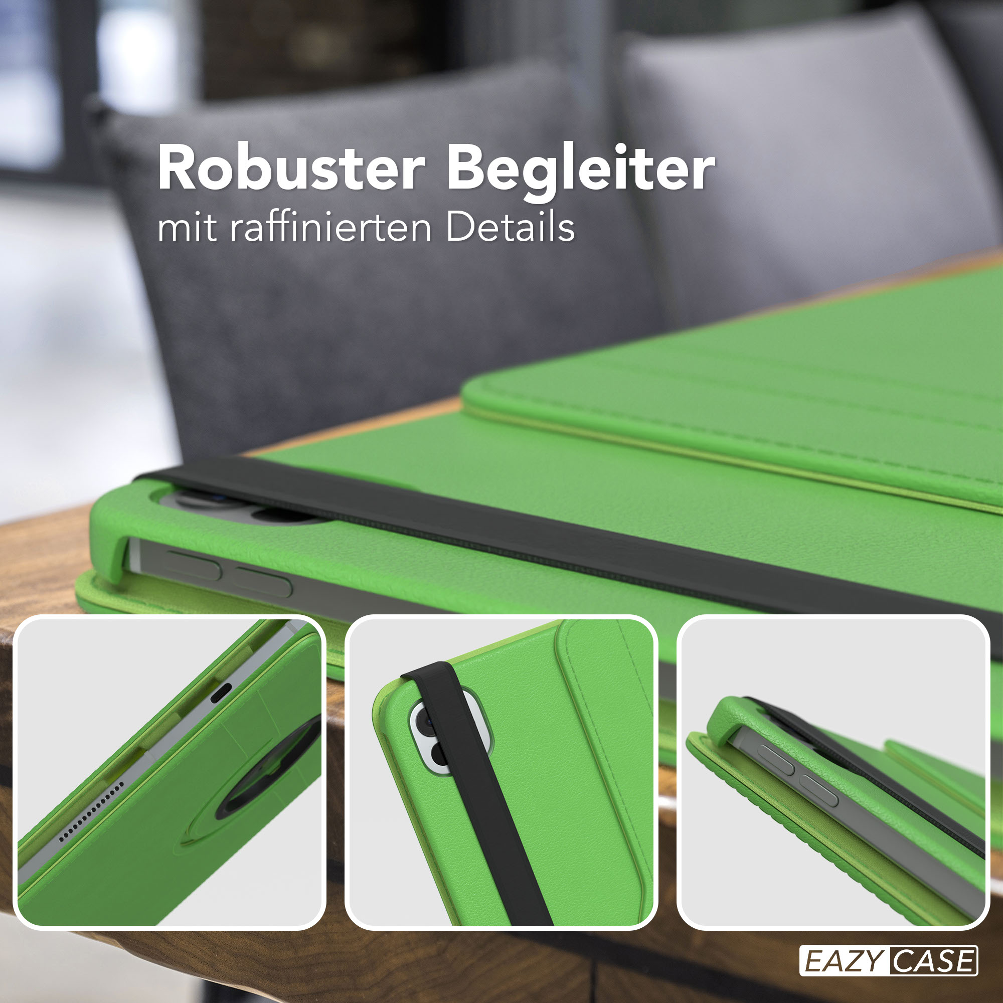 Grüne Tablethülle mit schwarzem Riemen und drei inset-Bildern der Hülle.