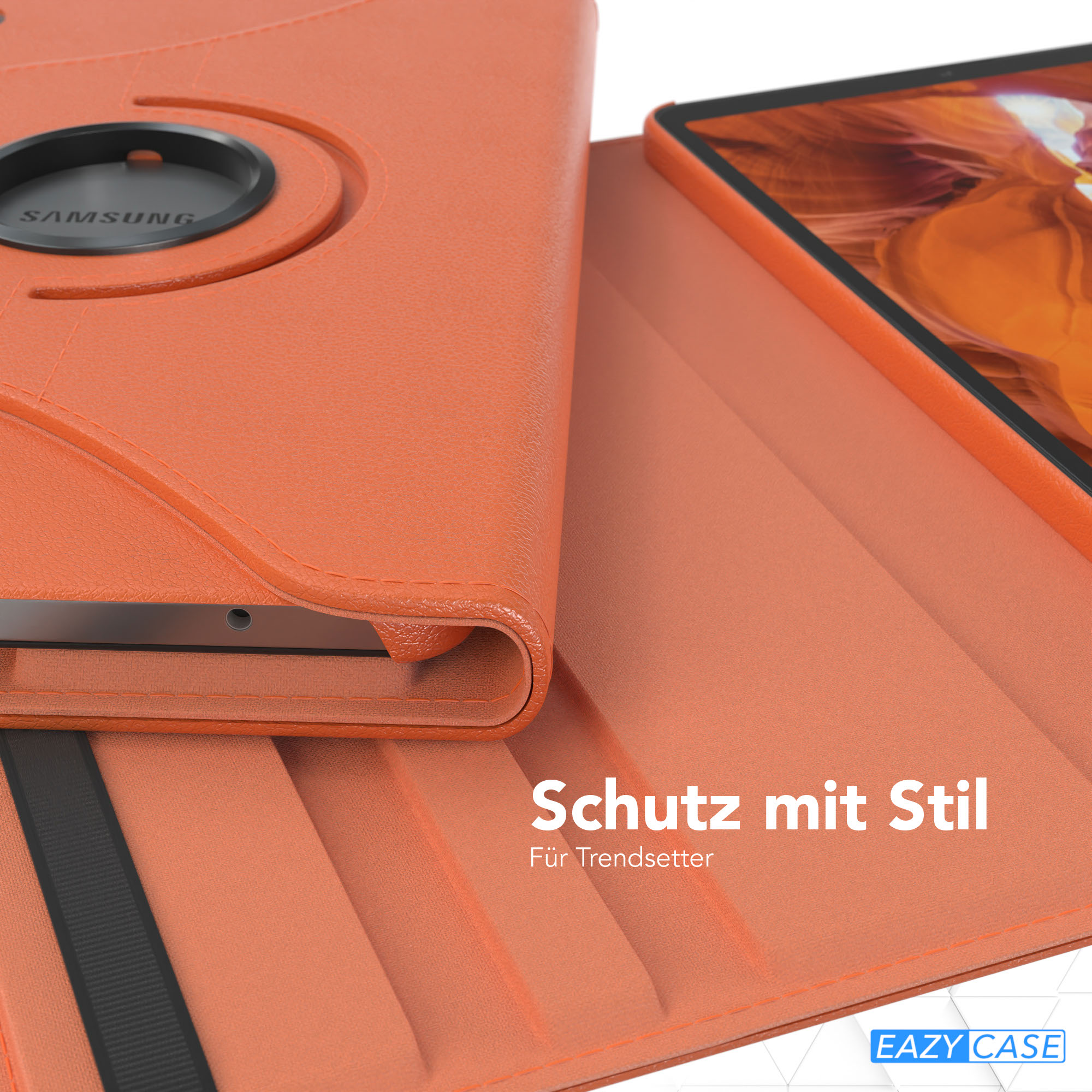 Orange Tablet-Hülle mit Samsung-Logo. Das Tablet ist sichtbar. Die Hülle hat eine strukturierte Oberfläche und ist geöffnet.