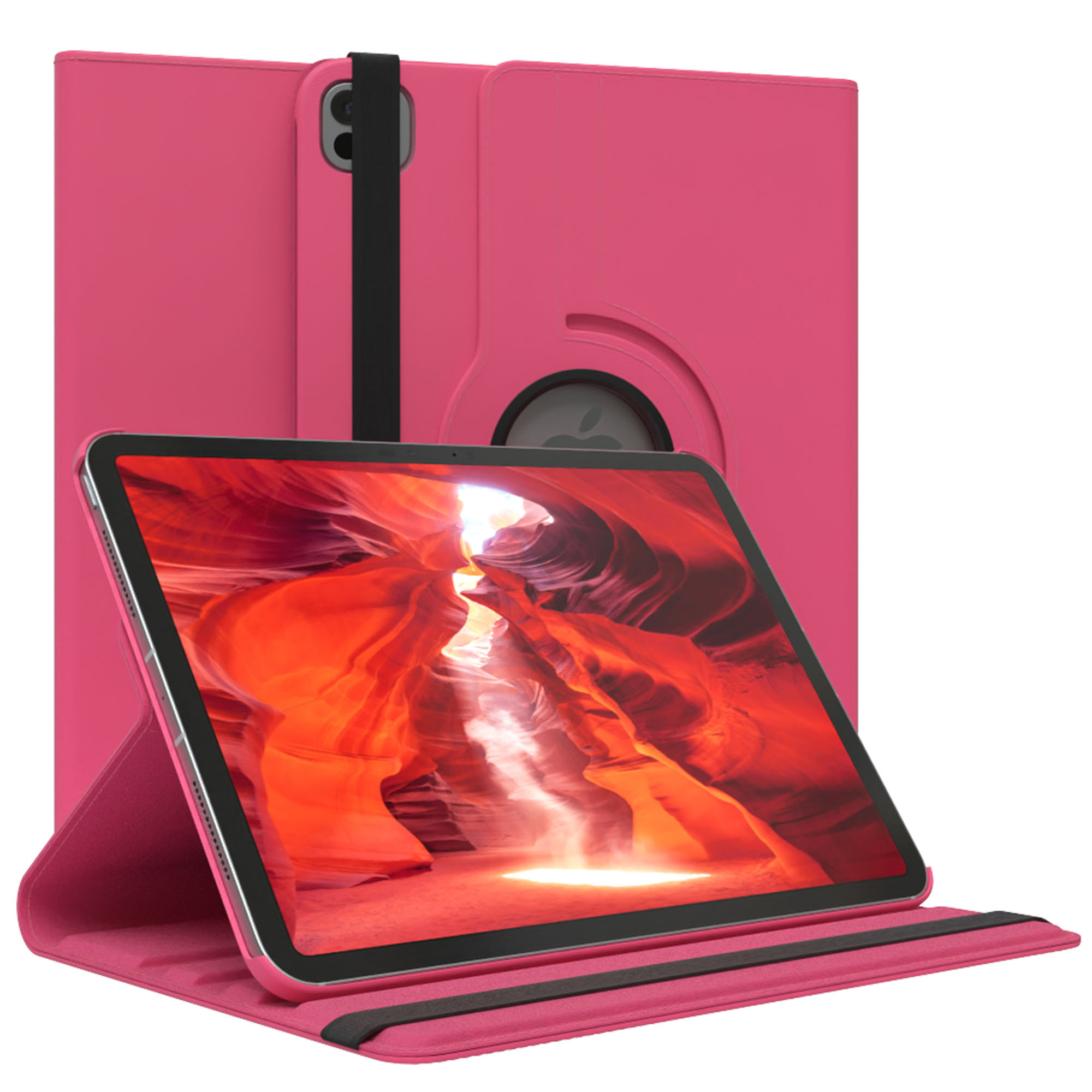 Rosa iPad in einer Hülle, offen und zeigt ein Canyon-Bild. Die Hülle ist ebenfalls rosa.