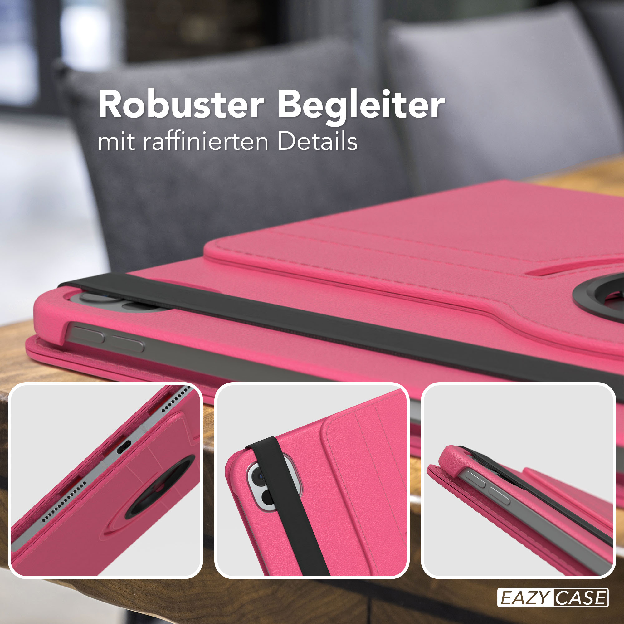 Rosafarbene Tablethülle mit schwarzem Riemen. Enthält Detailaufnahmen, die das Design und die Funktionen der Hülle zeigen. Der Hintergrund ist unscharf.