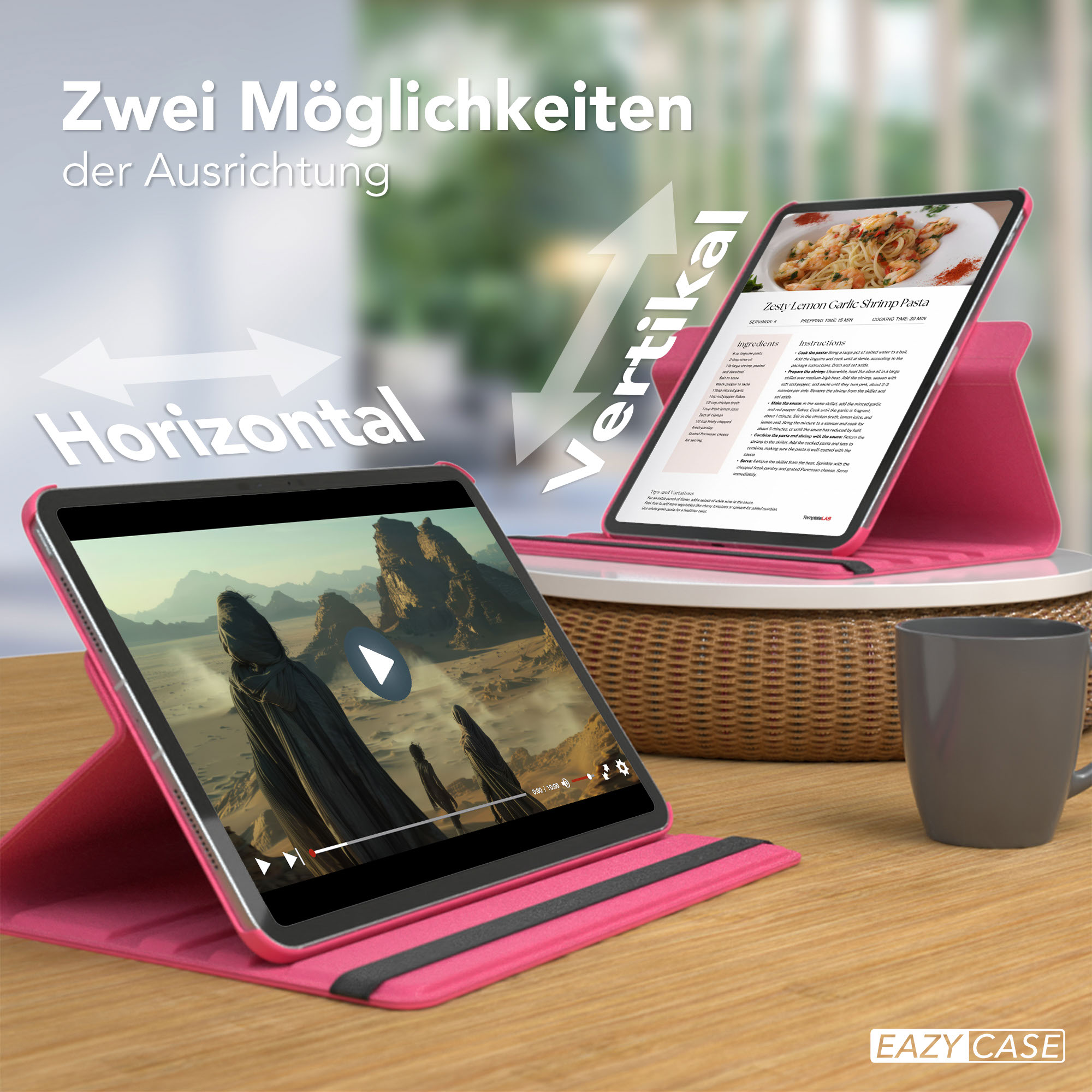 Zwei Tablets auf einem Tisch, eines horizontal mit einem Video, das andere vertikal mit einem Rezept. Pfeile zeigen auf sie.