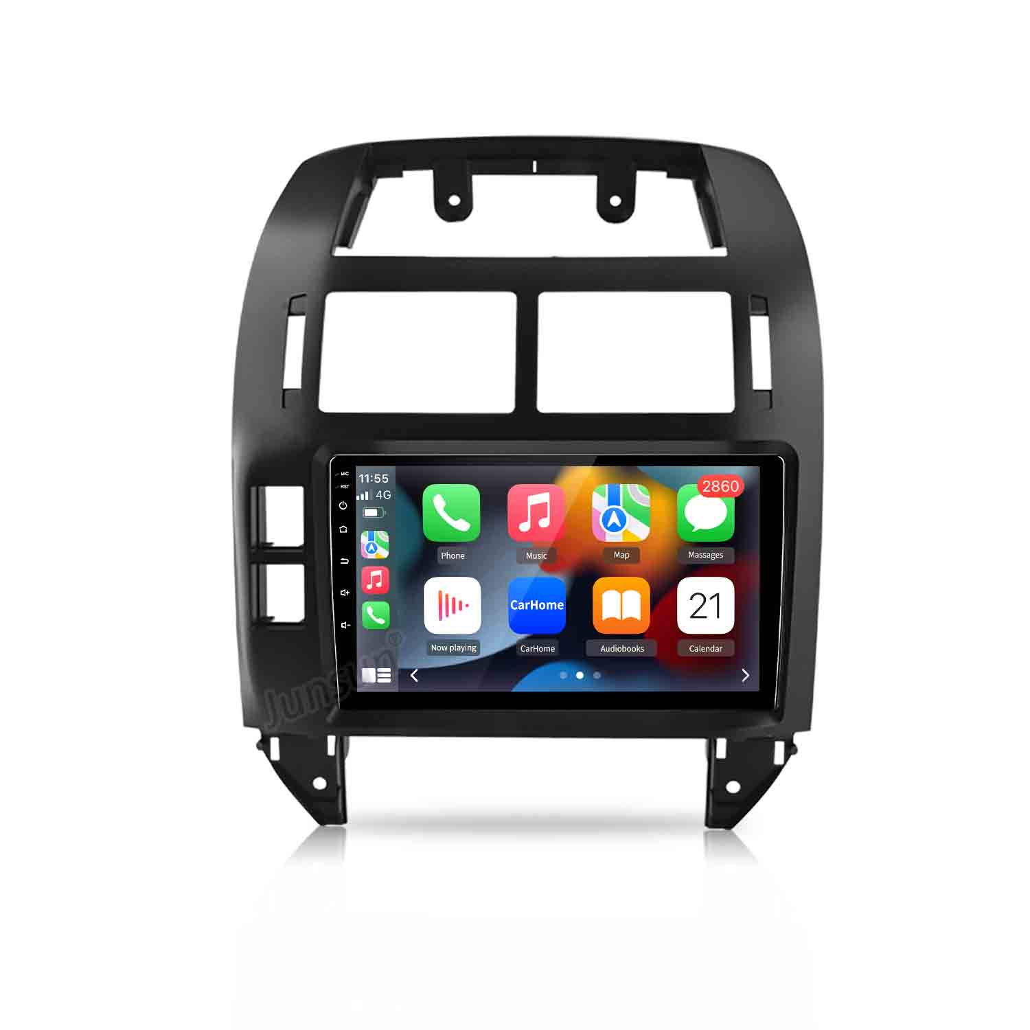 Autoradio mit Touchscreen, der eine iPhone-Oberfläche anzeigt. Zeigt App-Symbole wie Musik, Karten und Telefon an. Das Gerät ist schwarz.