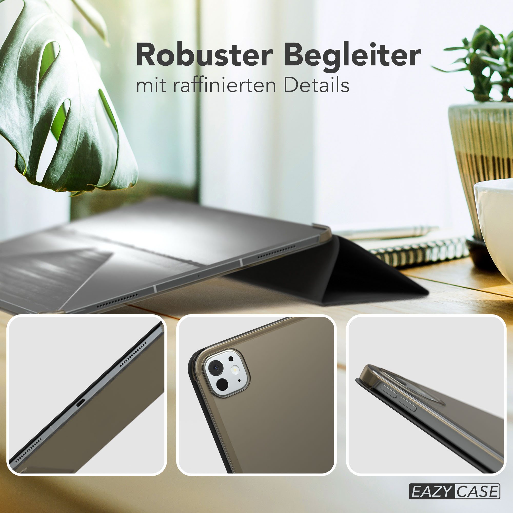 Ein iPad in einer transparenten Hülle. Text: 'Robuster Begleiter mit raffinierten Details'. Nahaufnahmen zeigen Details.