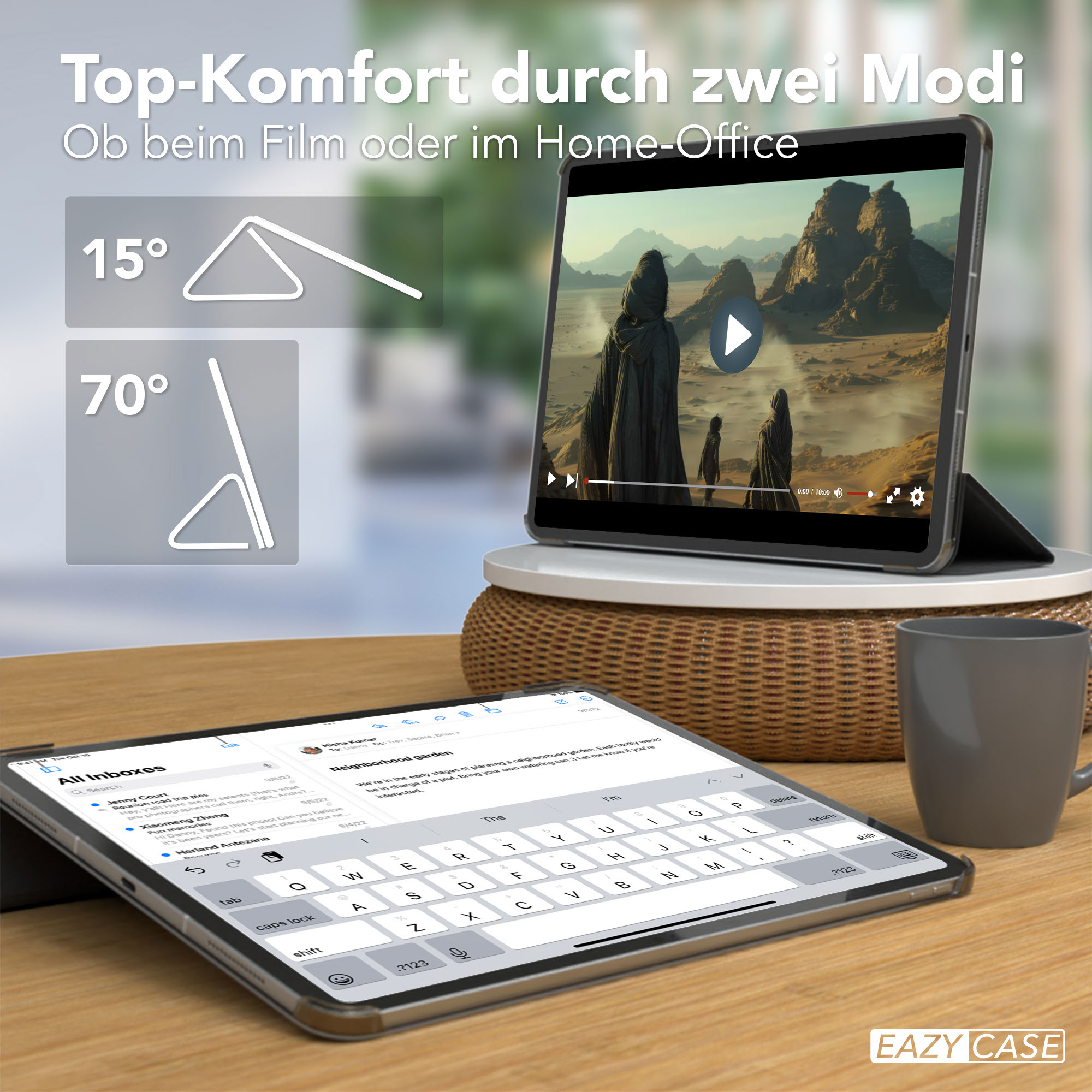 Tablets zeigen ein Video und E-Mails. Eines ist aufgestellt. Eine Tasse steht neben dem Tablet.