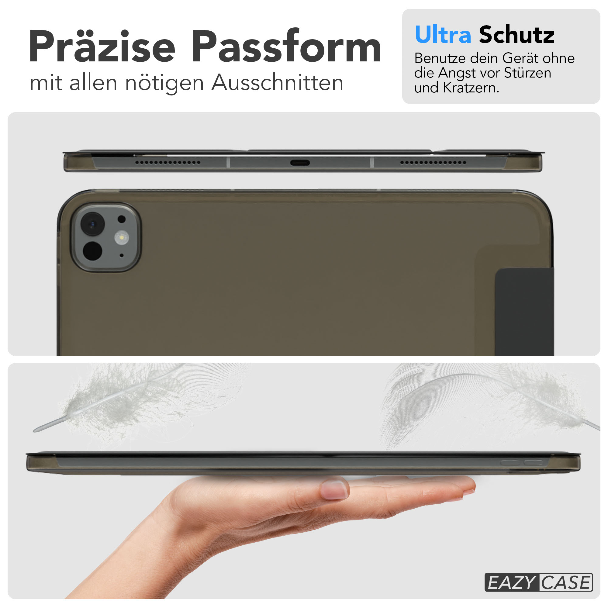 Gezeigt wird eine iPad-Hülle mit offener Hülle oben. Eine Hand hält die Hülle. Text sagt 'Ultra Schutz'.