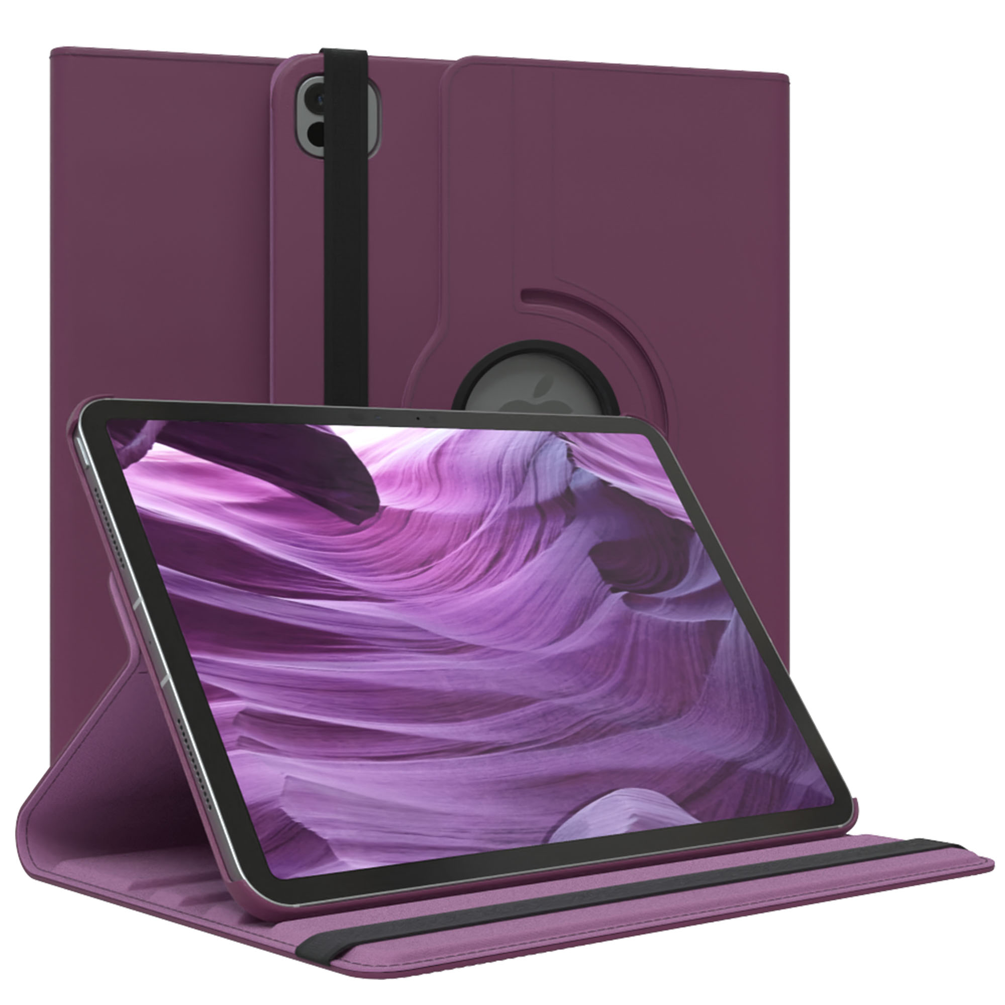 Lila Tablet in einer Hülle. Das Tablet zeigt ein lilafarbenes Canyonbild. Die Hülle ist offen.