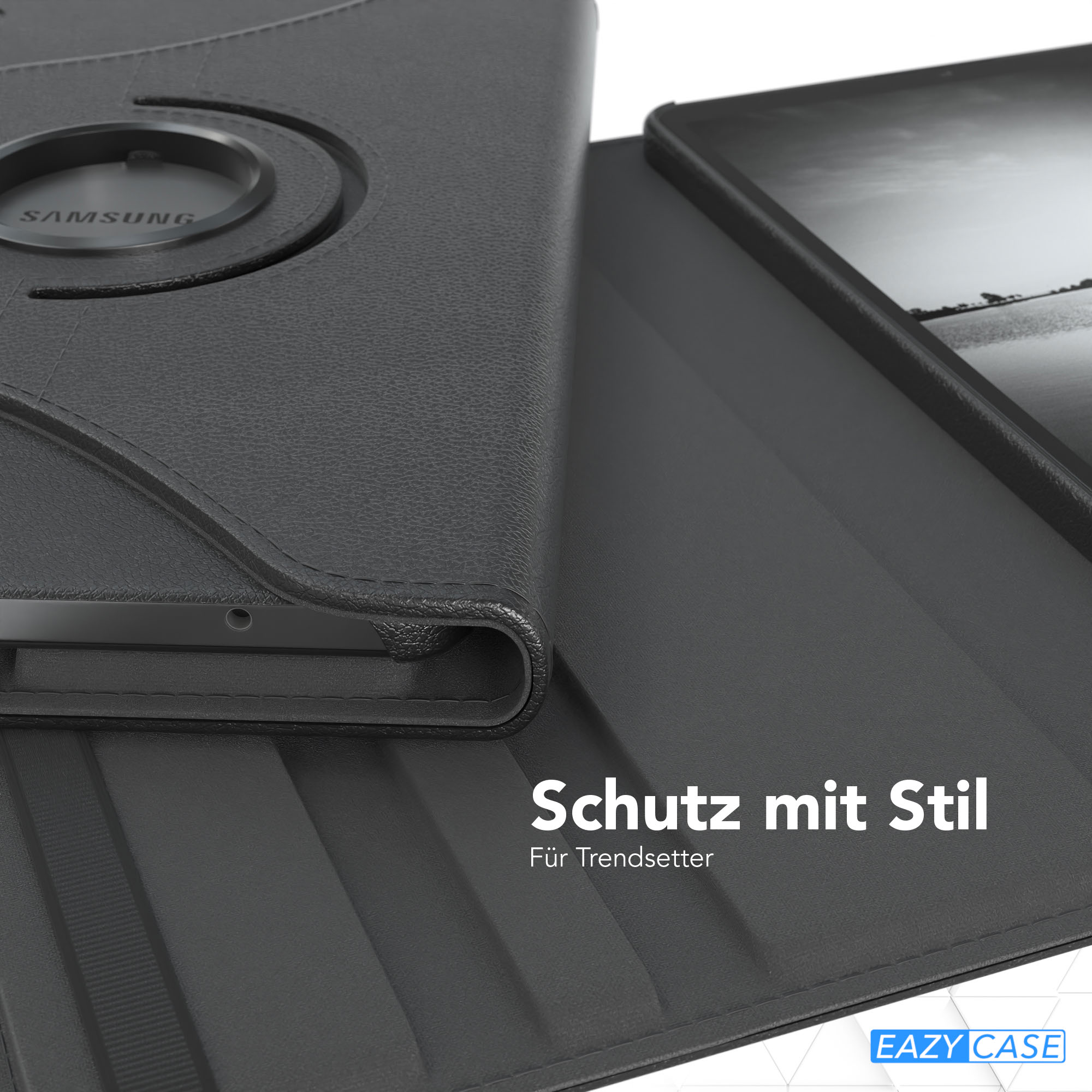 Schwarze Tablethülle mit Samsung-Logo. Die Hülle ist geöffnet und zeigt den Bildschirm mit Landschaftsbild.