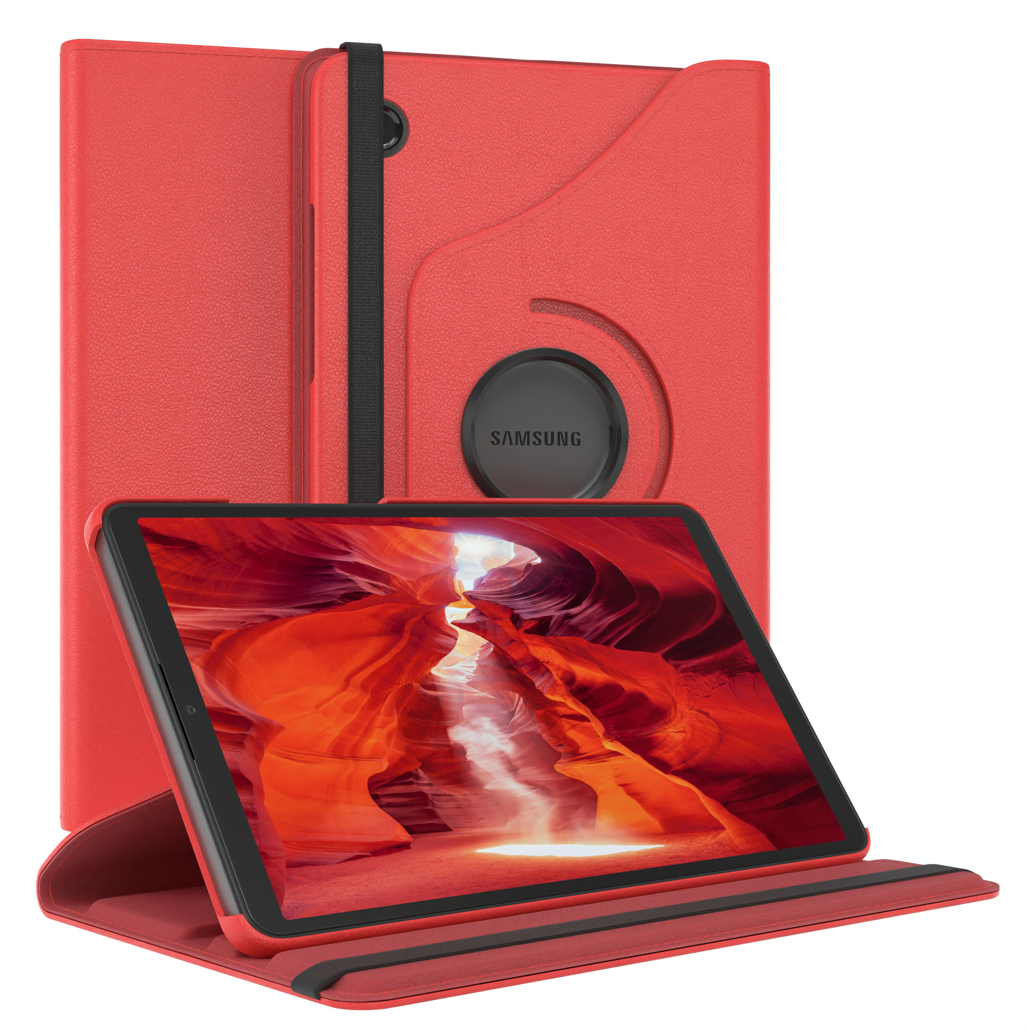 Rote Tablet-Hülle mit Tablet, das eine Schlucht zeigt. Die Hülle ist geöffnet, ein schwarzes Samsung-Logo ist sichtbar.
