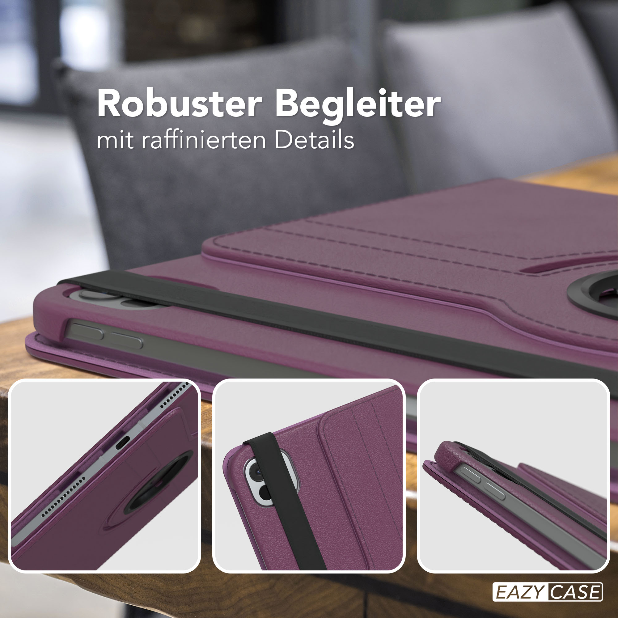 Lila Tablethülle mit schwarzem Riemen. Zeigt Details und Nahaufnahmen mit dem Text 'Robuster Begleiter'.