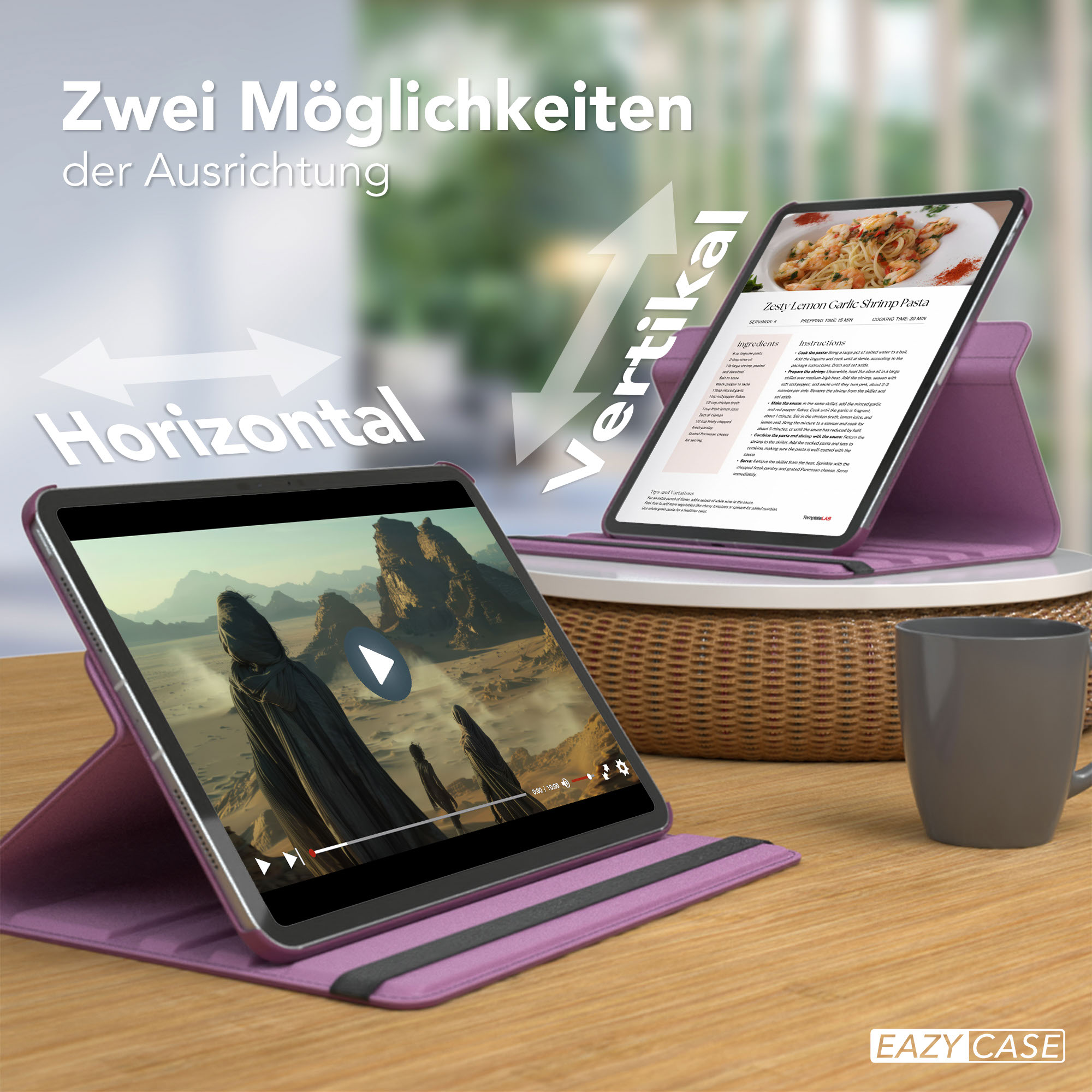 Zwei Tablets zeigen horizontale und vertikale Ausrichtungen. Eines zeigt ein Video, das andere ein Rezept.