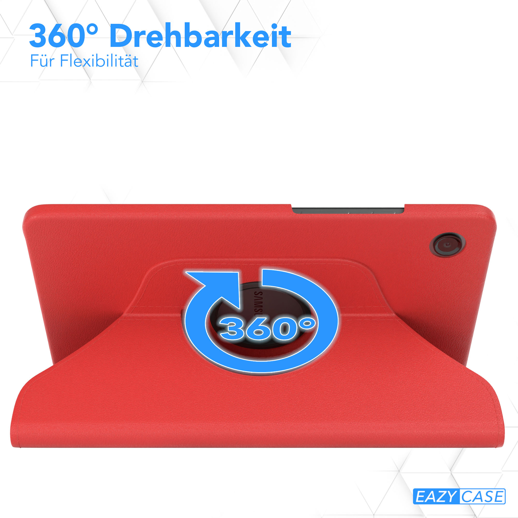 Ein rotes Tablet-Case mit 360-Grad-Drehfunktion wird gezeigt. Das Case ist abgewinkelt, ein blauer Pfeil hebt die Drehung hervor.