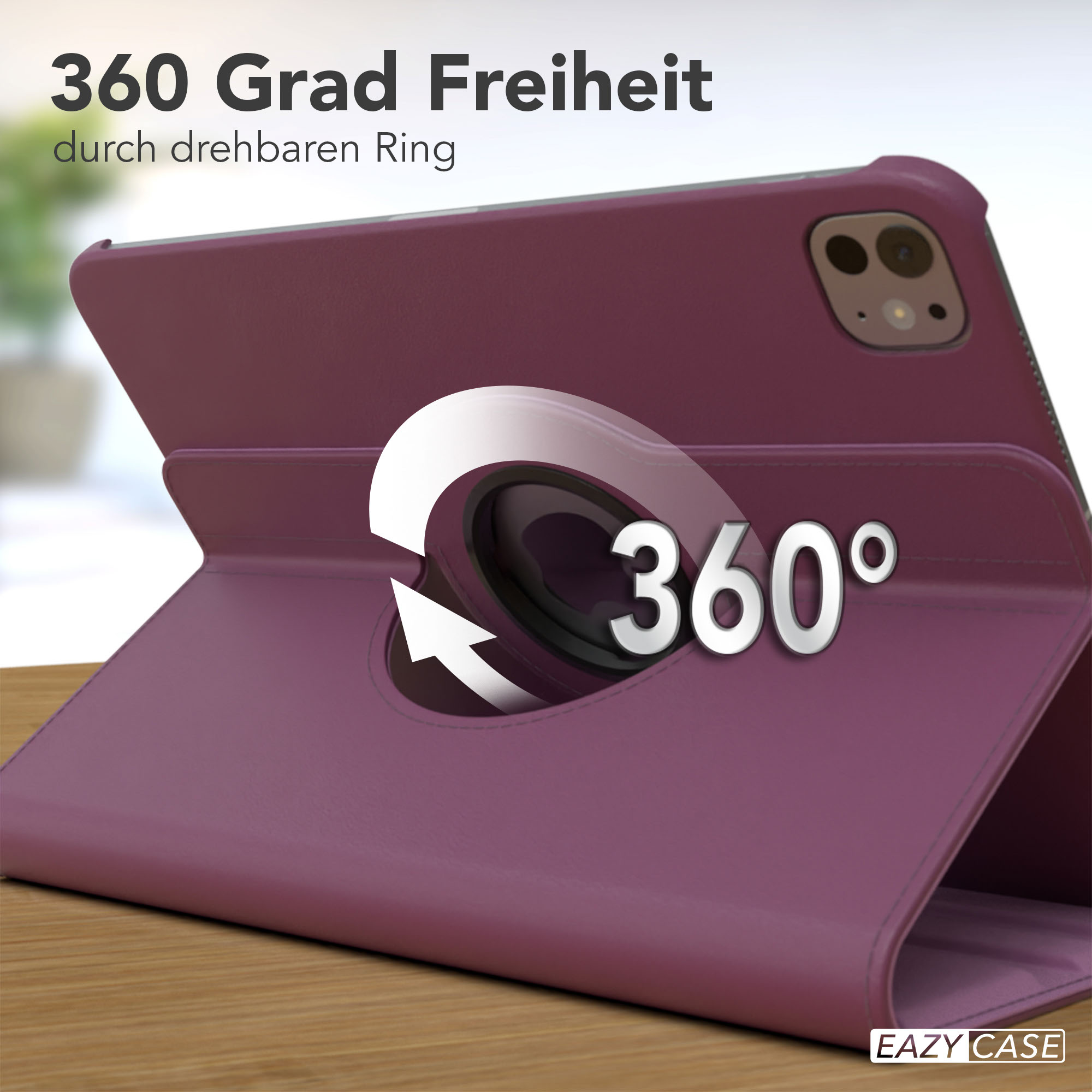 Eine lila Tablet-Hülle mit 360-Grad-Drehfunktion wird angezeigt. Die Hülle befindet sich auf einer Holzoberfläche.