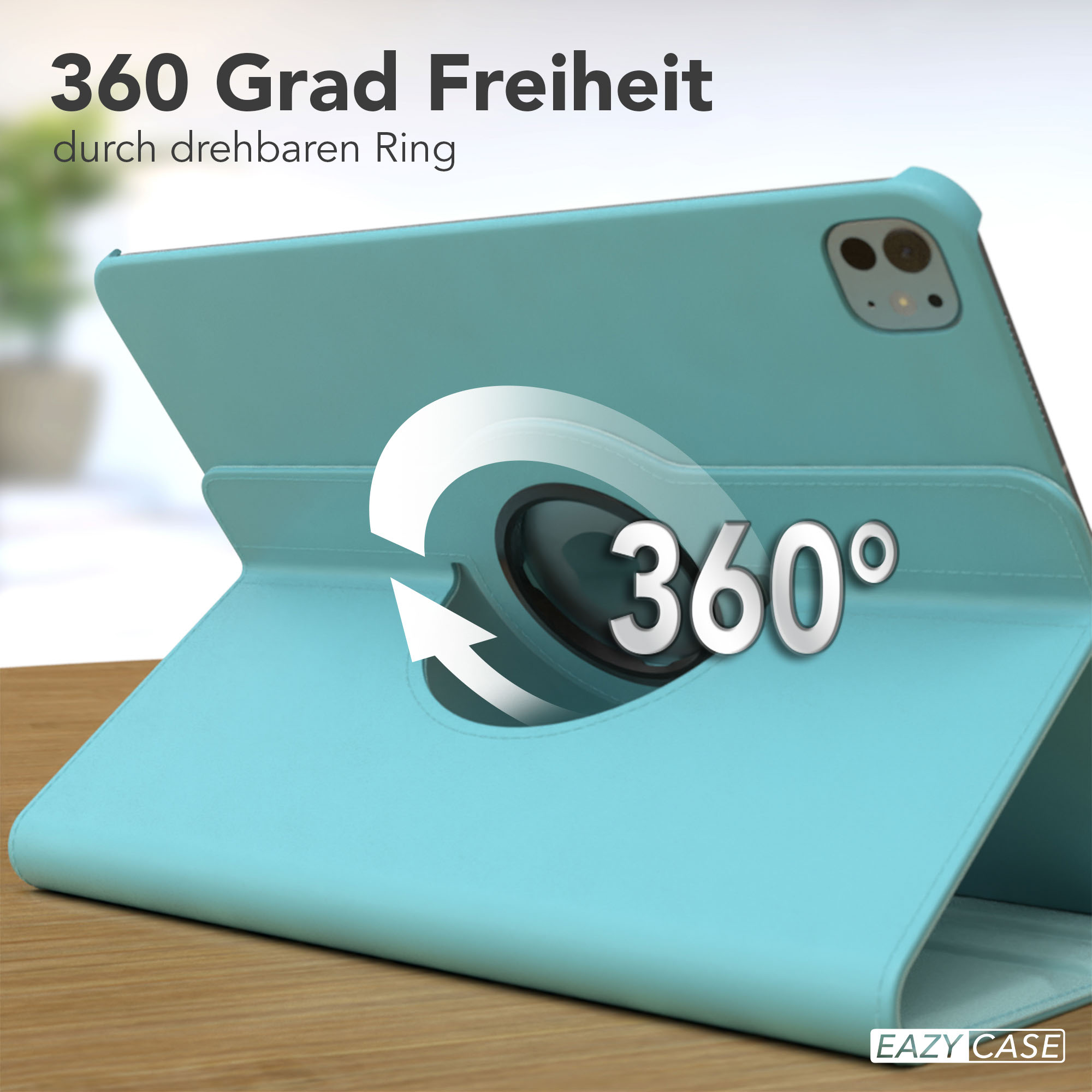 Eine türkisfarbene Tablethülle mit 360-Grad-Drehung, mit einem drehbaren Ring. Der Hintergrund ist eine Holzoberfläche.
