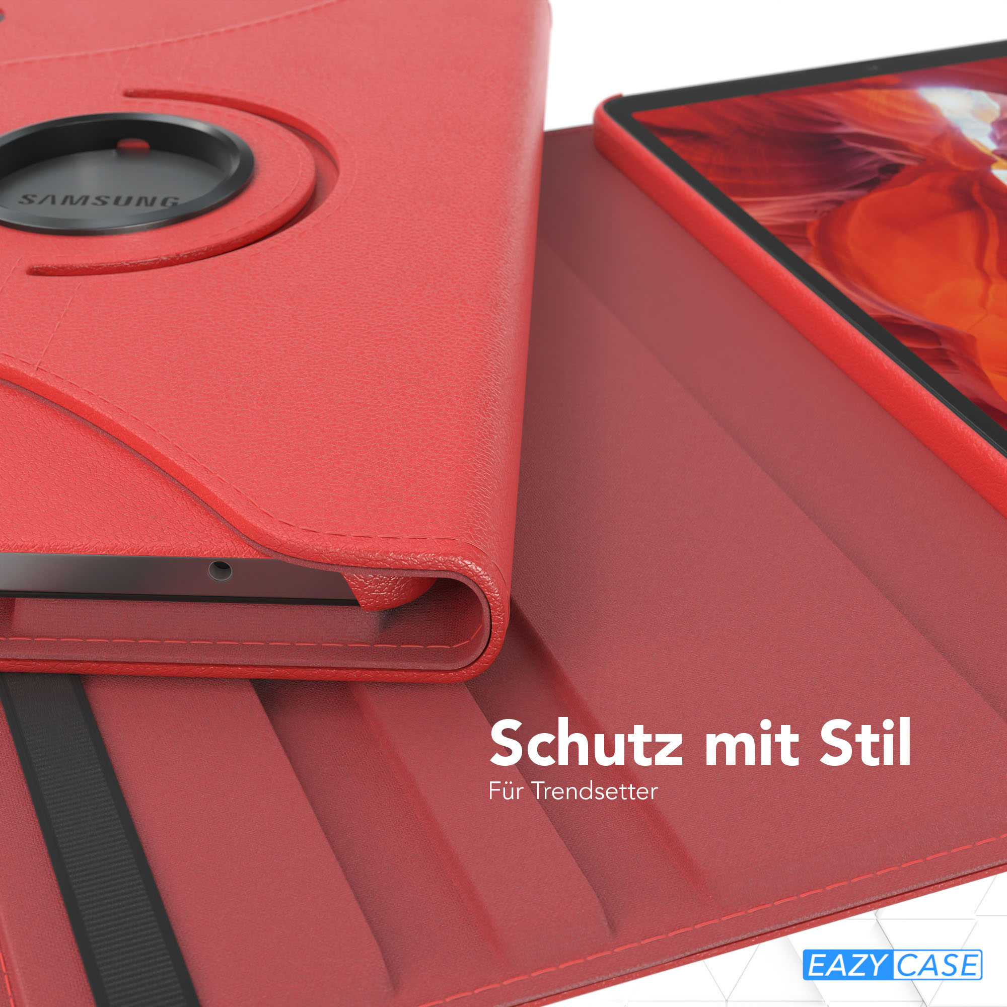 Rote Tablethülle mit schwarzem Samsung-Logo. Die Hülle ist offen und zeigt ein Tablet. Text lautet 'Schutz mit Stil'.