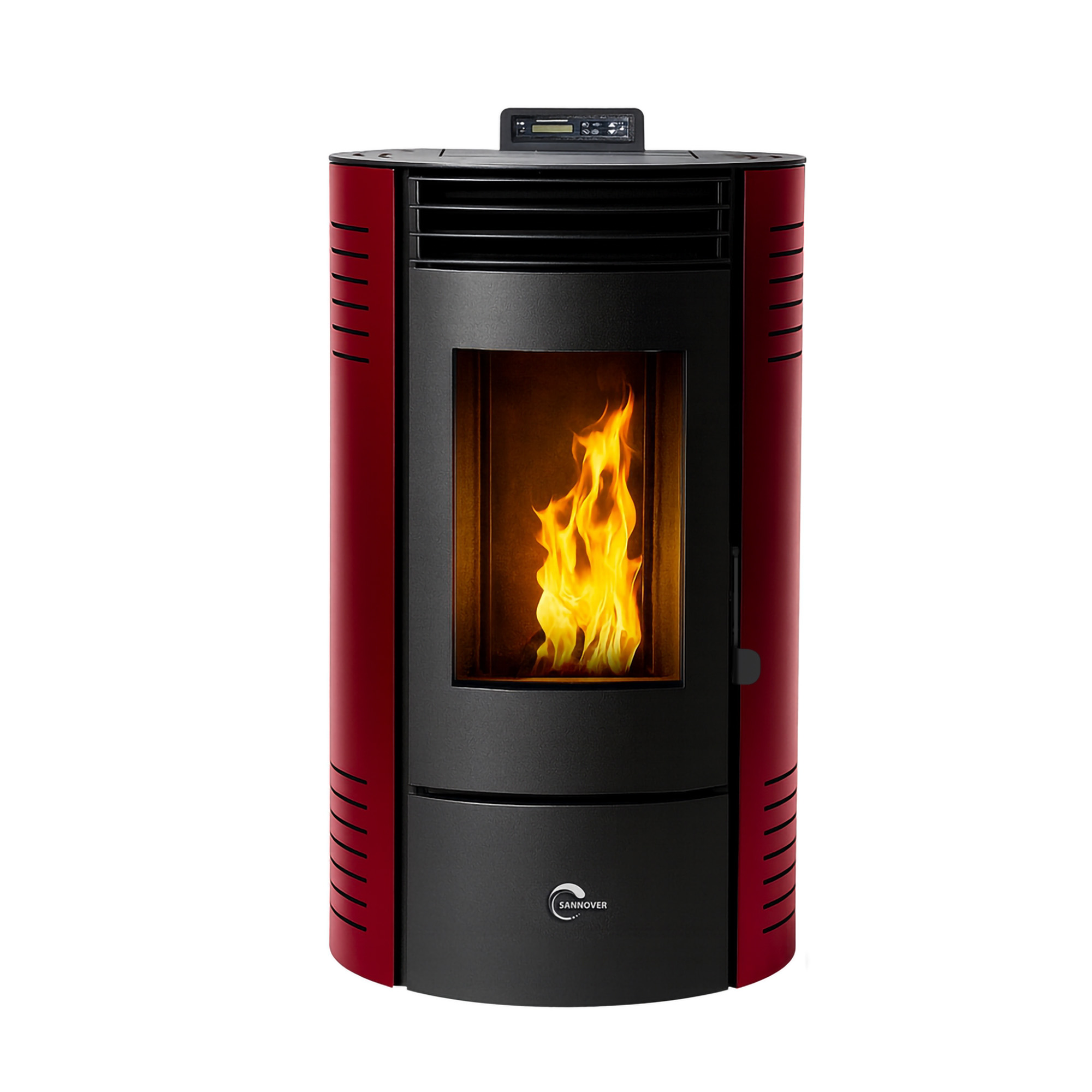 Una estufa de pellets roja y negra con fuego visible en el interior. Un panel de control está en la parte superior. 'Sannover'.