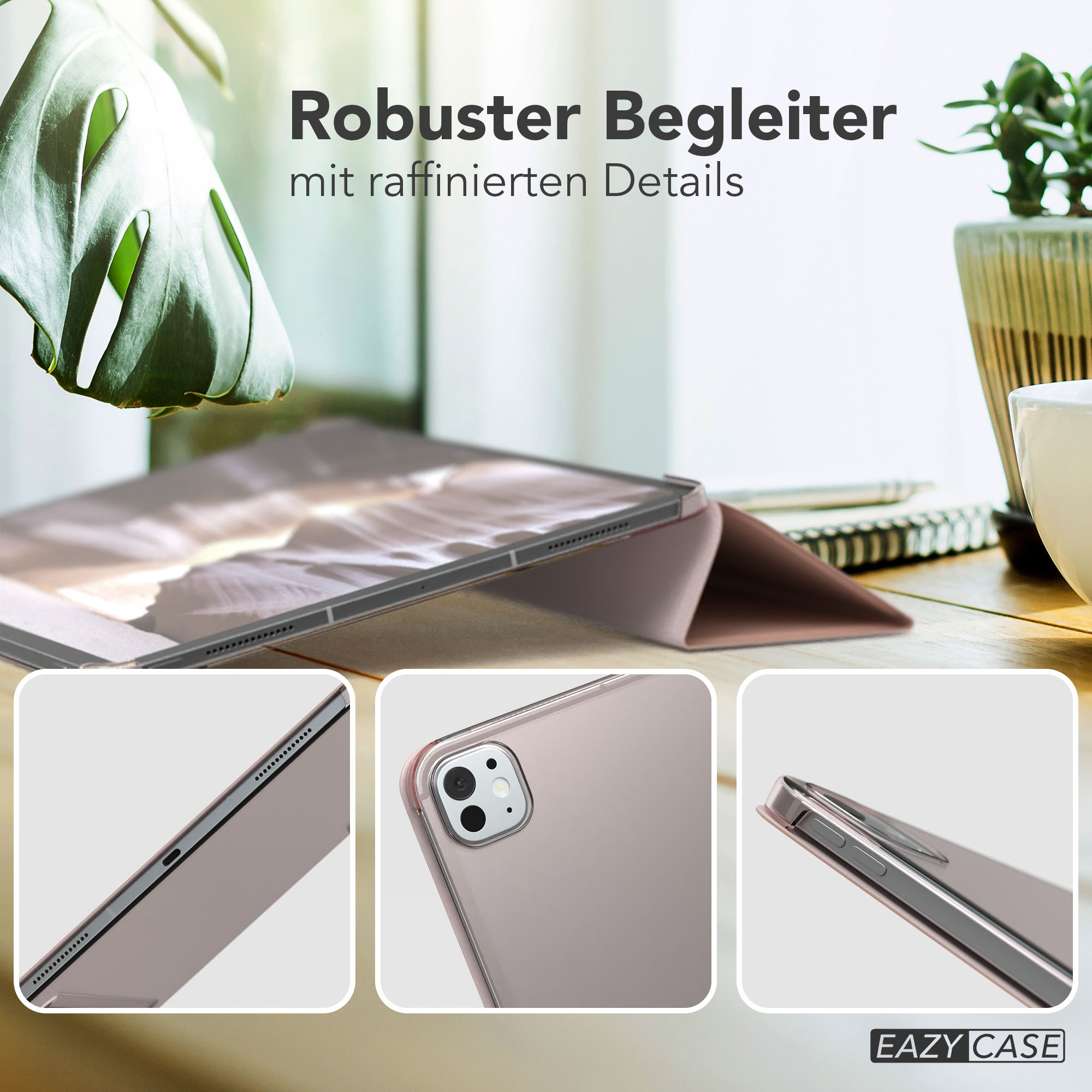 Tablet in Hülle, Details in drei Bildern. Pflanze und Tasse im Hintergrund, Text: Robuster Begleiter.