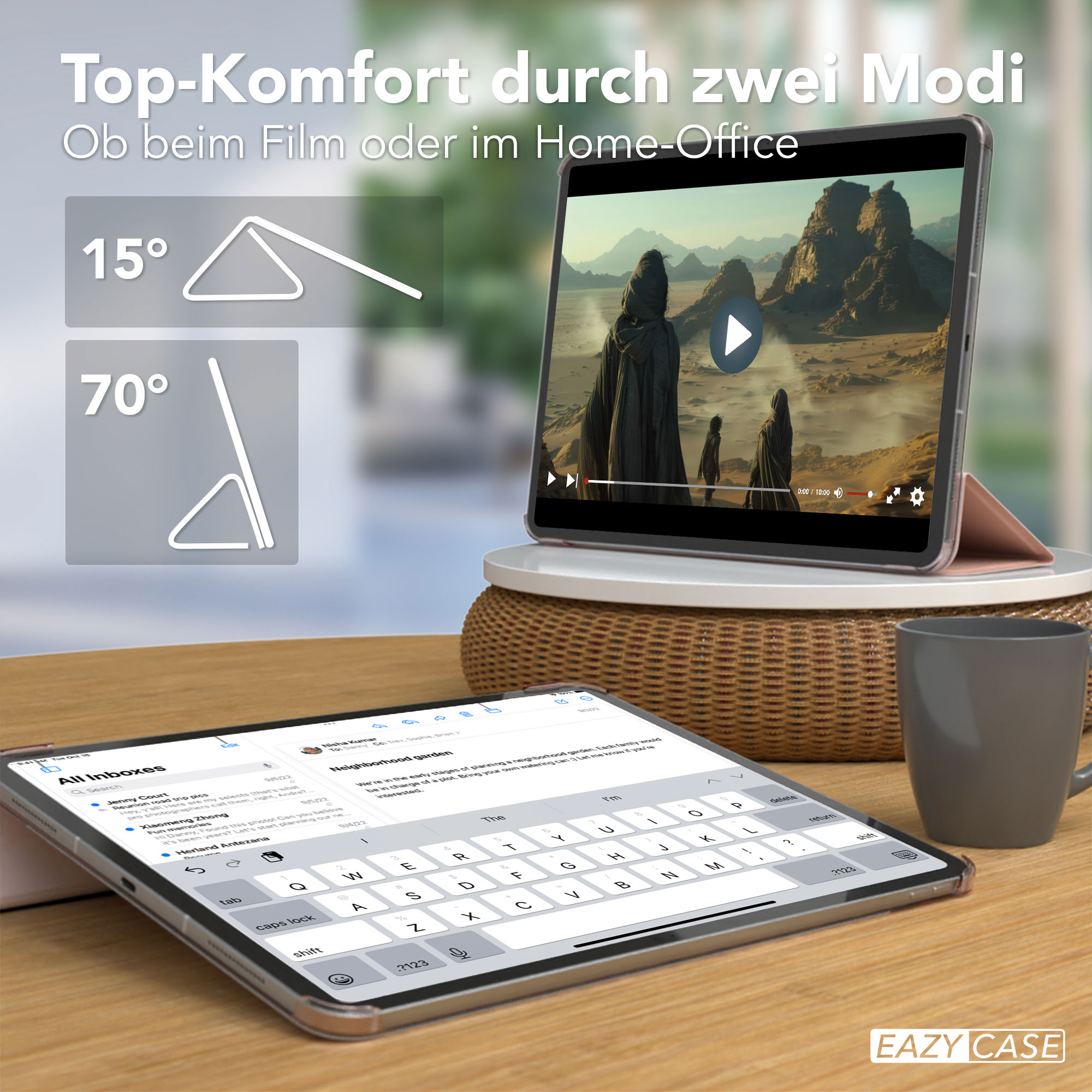 Tablet mit Video, Tastatur und Kaffeetasse auf Holztisch. Gehäusewinkel werden dargestellt.
