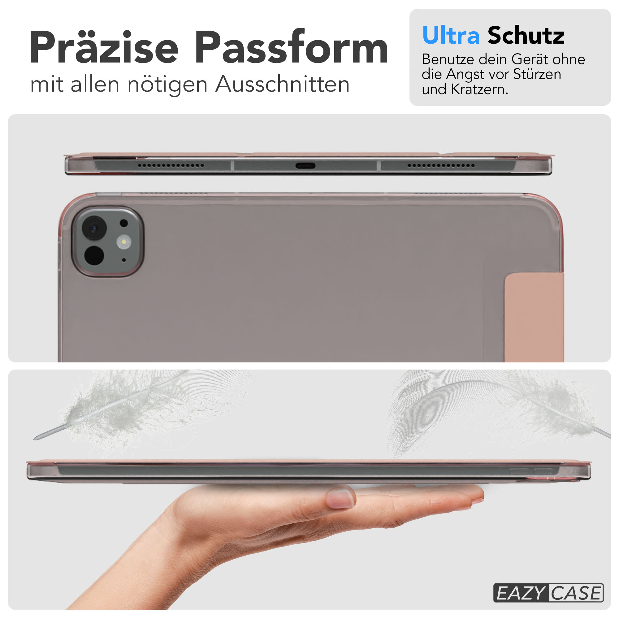 Eine iPad-Hülle wird gezeigt. Die Hülle wird in einer Hand gehalten. Sie hat eine präzise Passform und Ultra-Schutz.
