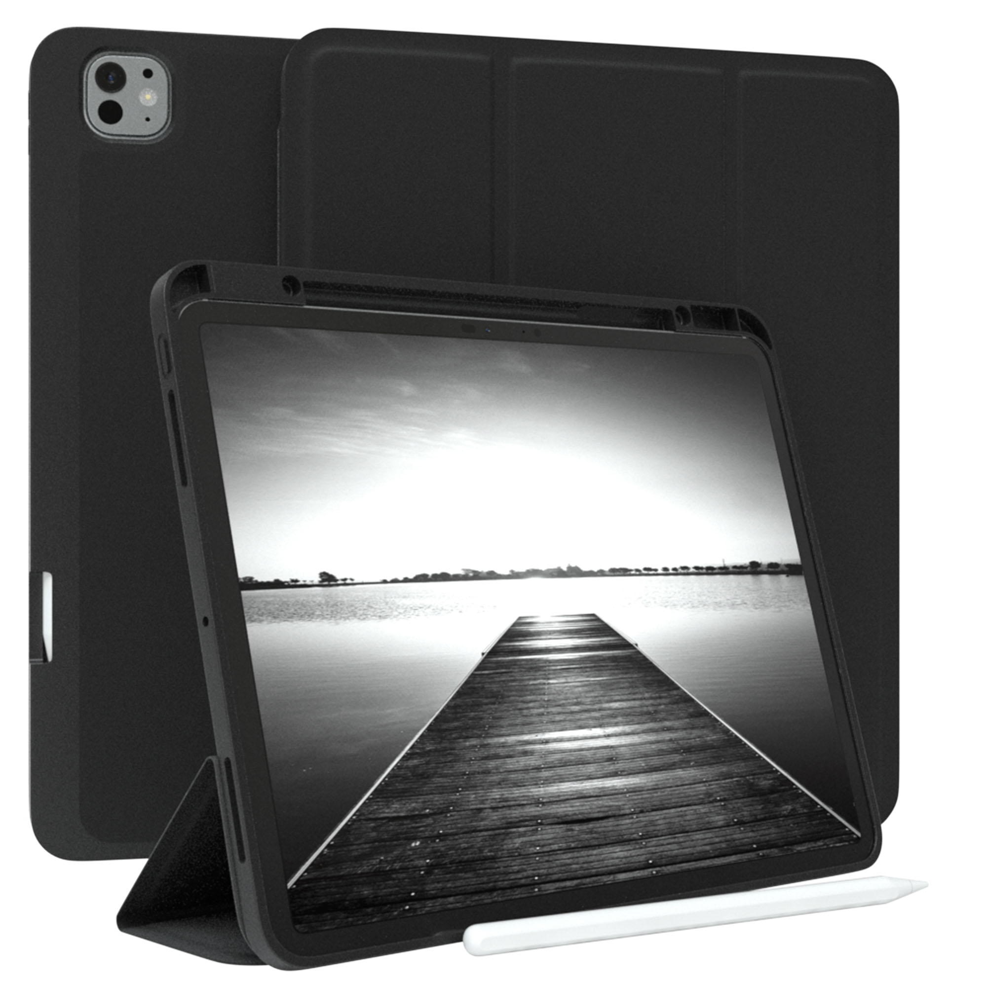 Schwarzes Tablet mit Hülle, zeigt Dock über dem See. Stift liegt unten. iPad-ähnliches Gerät.