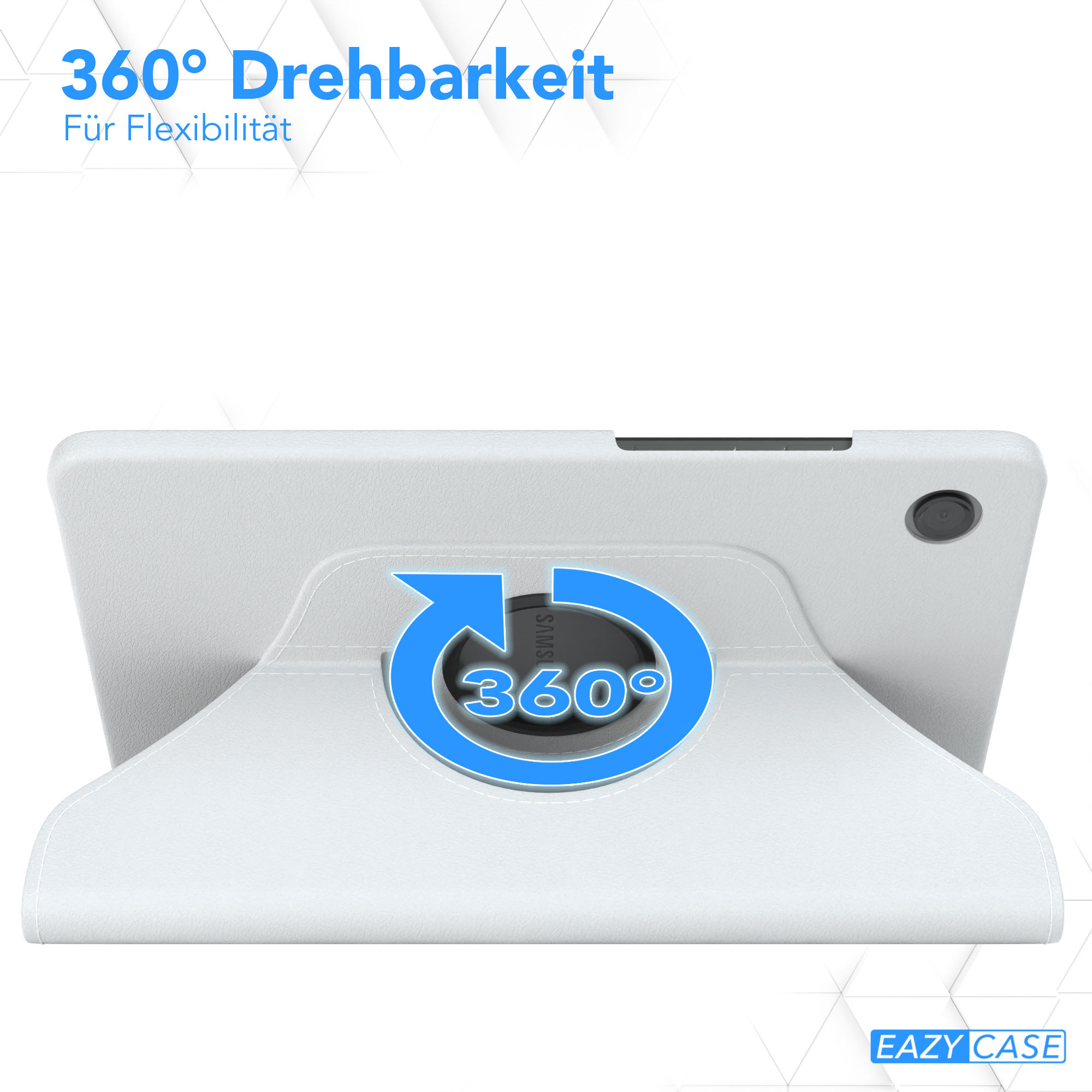 Ein weißes Tablet in einer Hülle. Ein blaues 360-Grad-Rotationssymbol befindet sich in der Mitte. Text: 360° Drehbarkeit, Für Flexibilität.