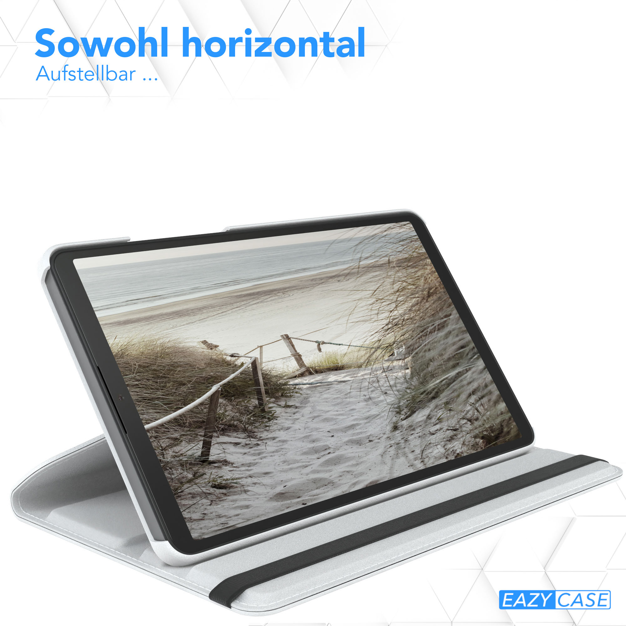 Tablet-Hülle mit einer Strandszene auf dem Bildschirm. Die Hülle ist grau mit schwarzen Streifen und aufgestellt.