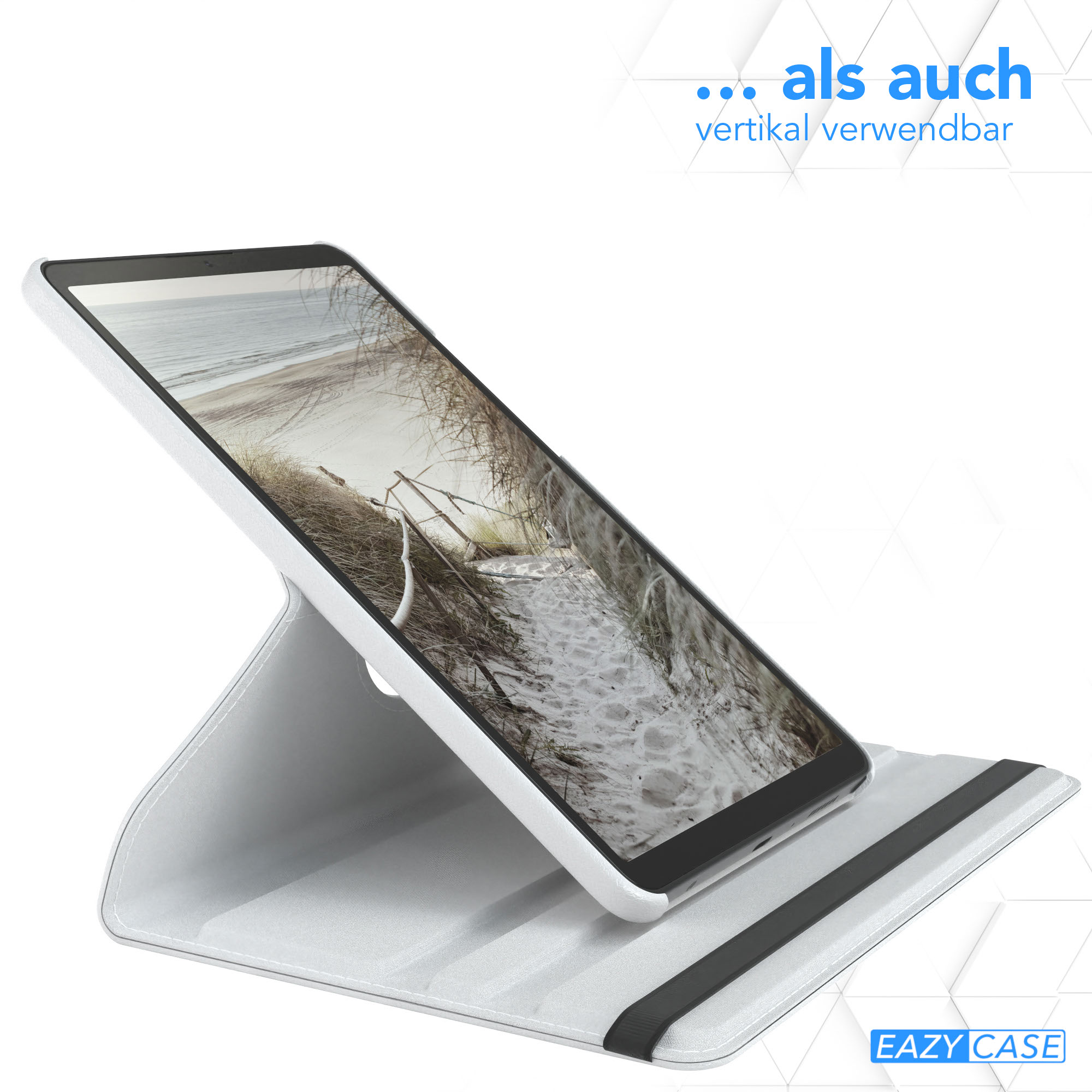 Tablet in weißem Etui. Der Bildschirm zeigt eine Strandszene. Weißer Hintergrund mit Text und Logo.