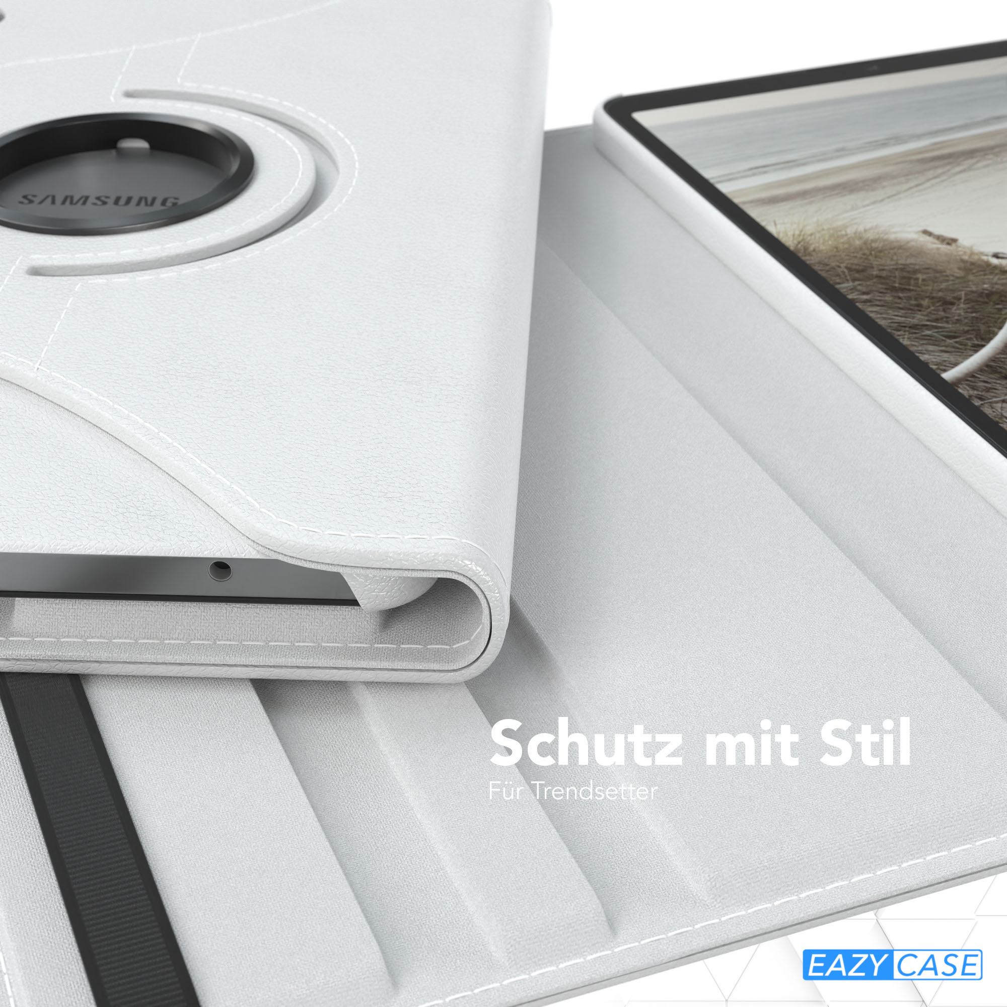 Eine weiße Samsung Tablet-Hülle mit einem schwarzen Drehgelenk. Das Tablet zeigt eine Strandszene. Auf der Hülle steht 'Schutz mit Stil'.