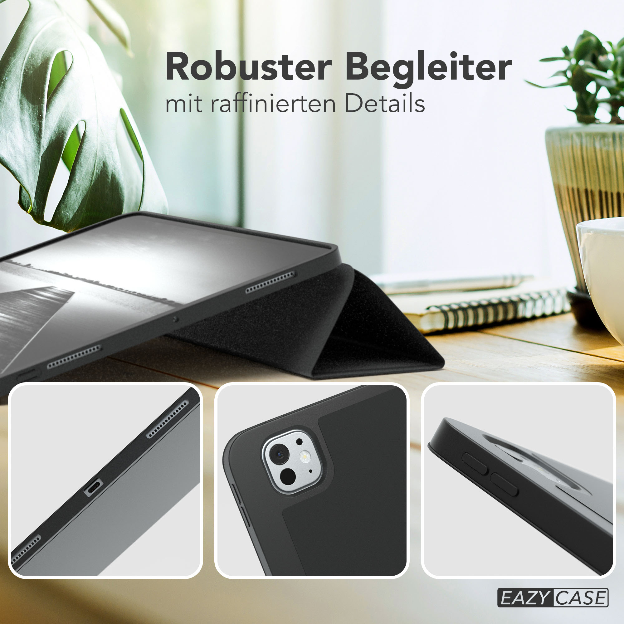 Schwarze Tablethülle auf Holztisch, Nahaufnahmen von Details wie Knöpfen und Anschlüssen, und Pflanzen im Hintergrund.