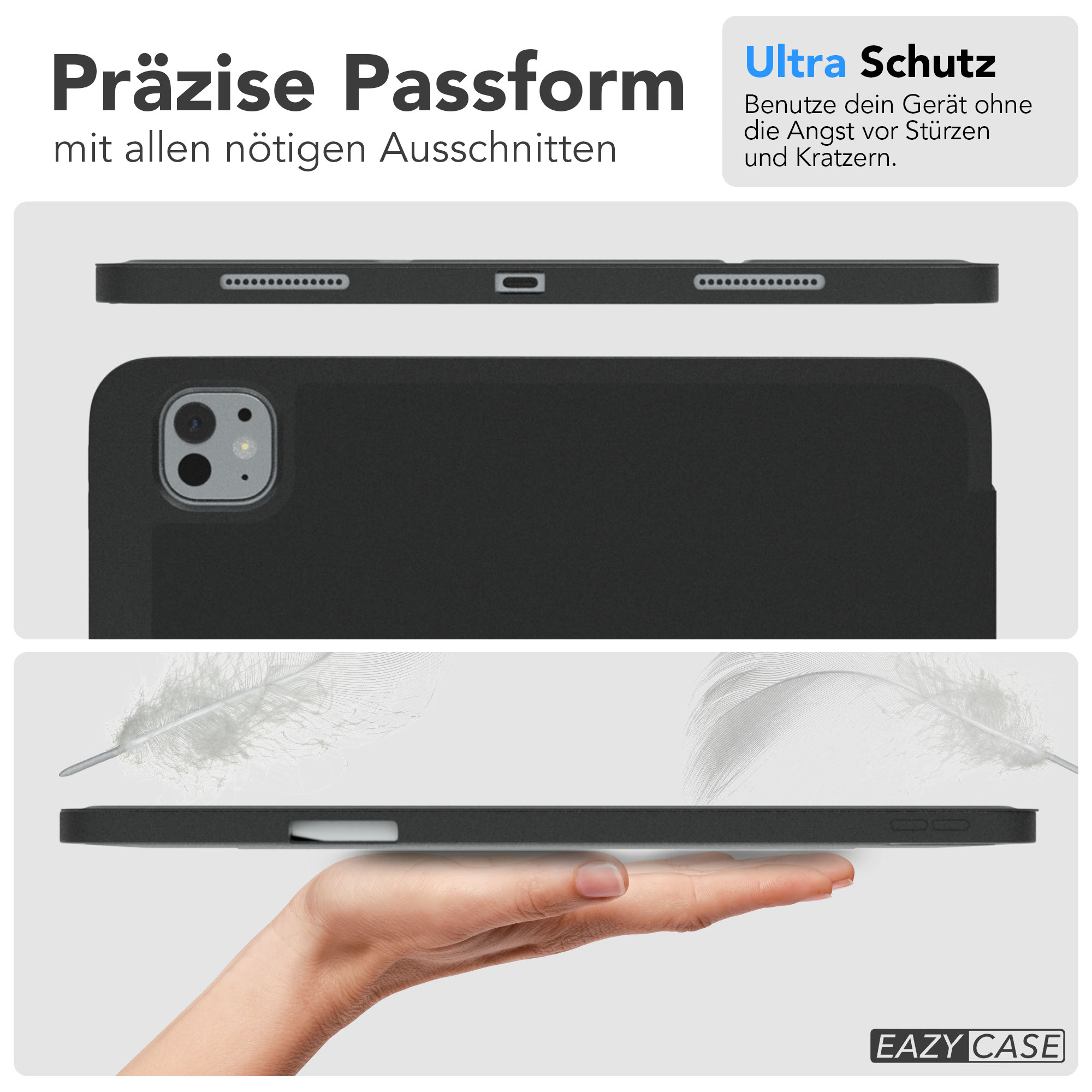 Ein schwarzes Handycase wird in Abschnitten angezeigt. Eine Hand hält die Hülle. Der Hintergrund zeigt helle Federillustrationen.