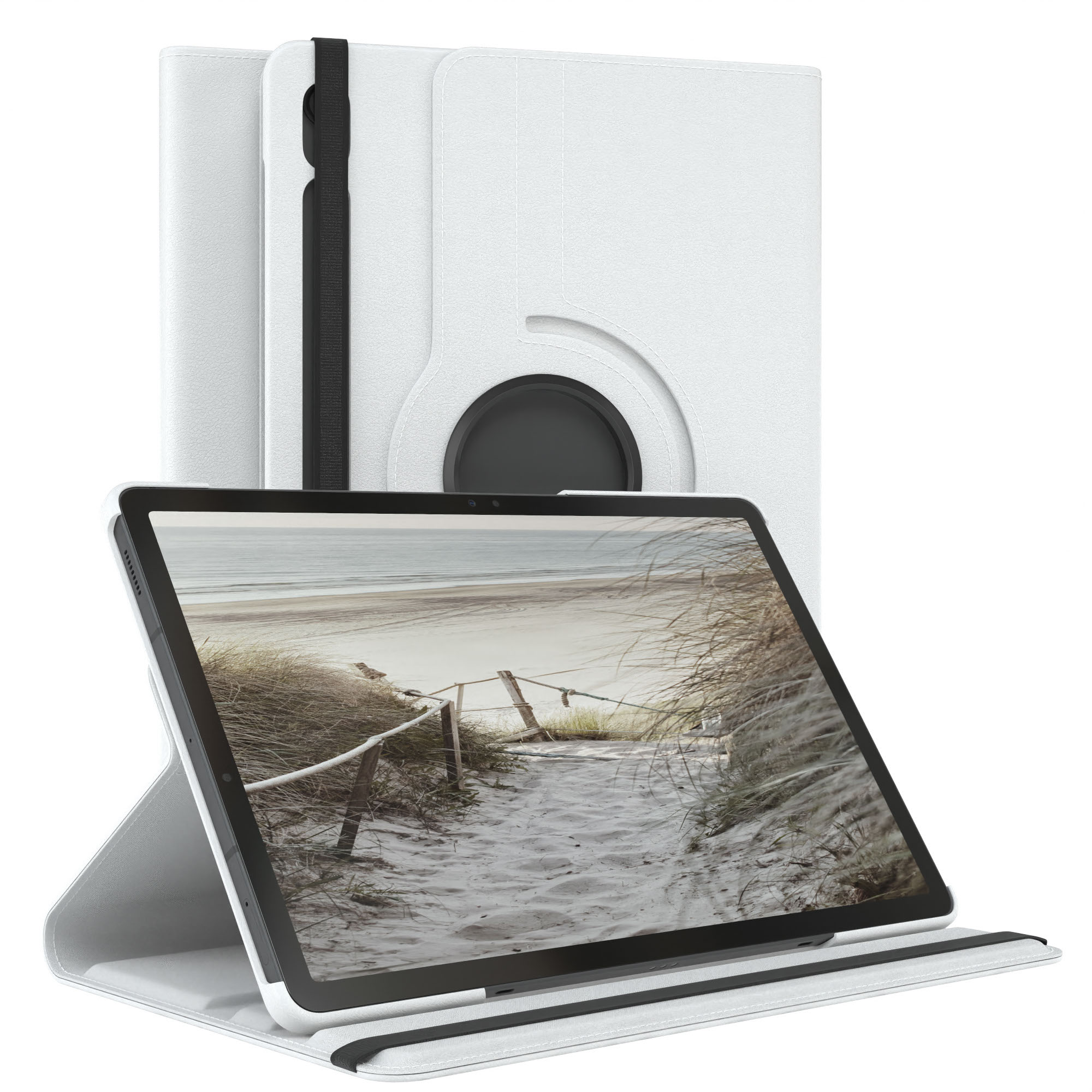 Tablet in weißer Hülle, das eine Strandszene zeigt. Die Hülle ist geöffnet und zeigt den Bildschirm mit einem Sandweg und Meerblick.