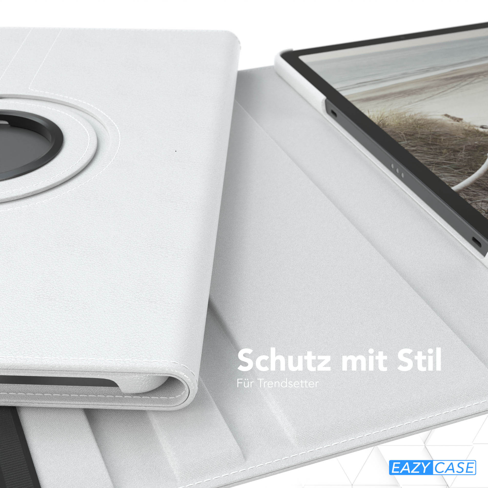Weiße Tablethülle mit Tablet. Text 'Schutz mit Stil'. Die Hülle hat einen Drehmechanismus.