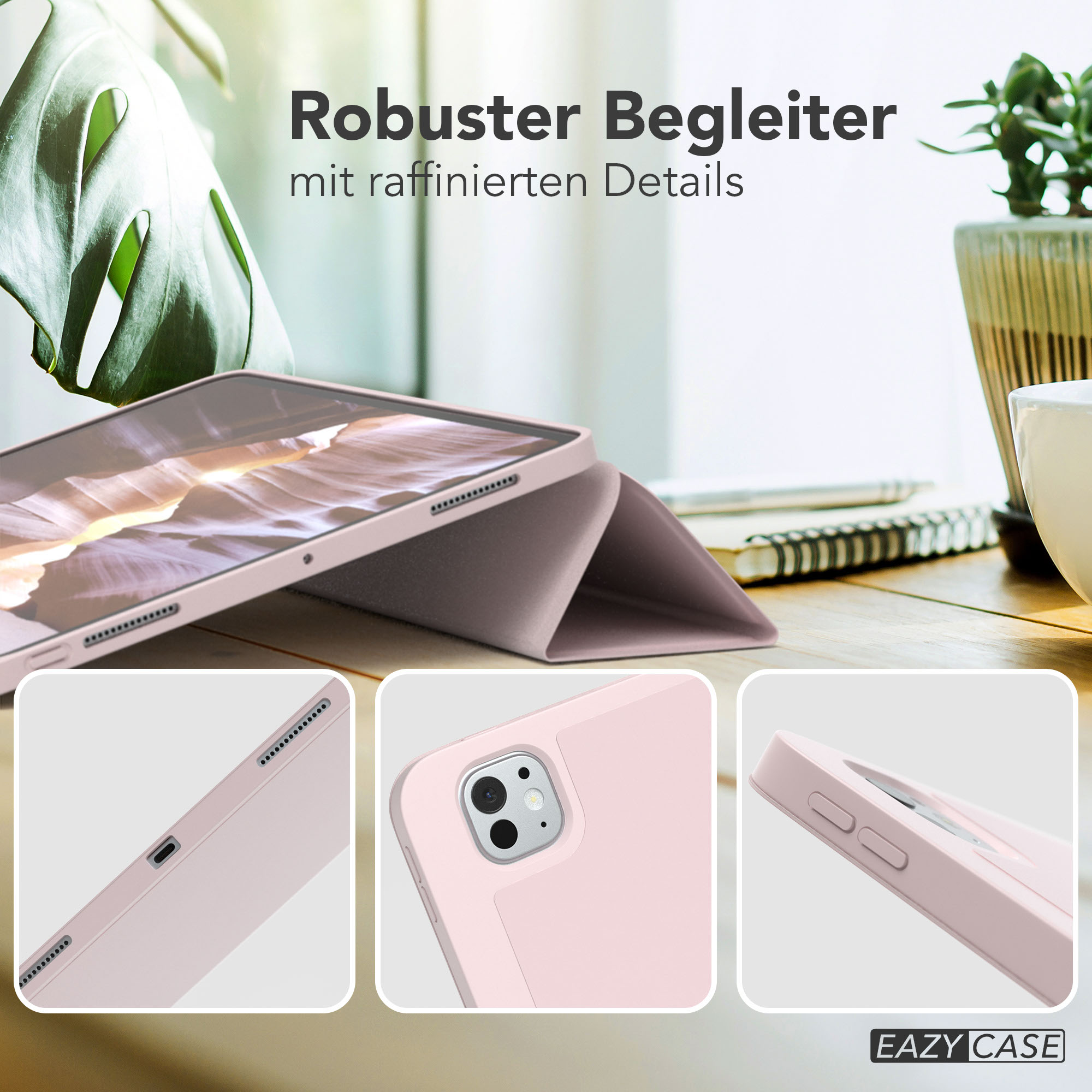 Rosa Tablet-Hülle auf einem Holztisch. Text auf Deutsch: Robuster Begleiter mit raffinierten Details. Pflanzen im Hintergrund.