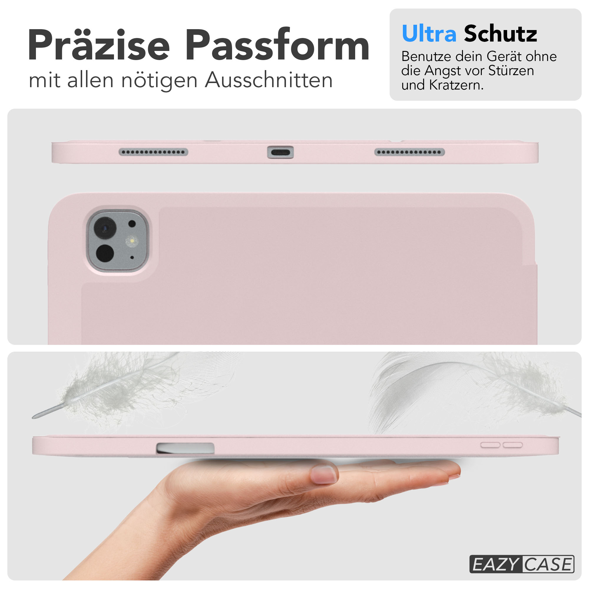 Rosa Tablethülle, gehalten von einer Hand. Weiche Federn im Hintergrund. Text: Ultra Schutz, Präzise Passform.