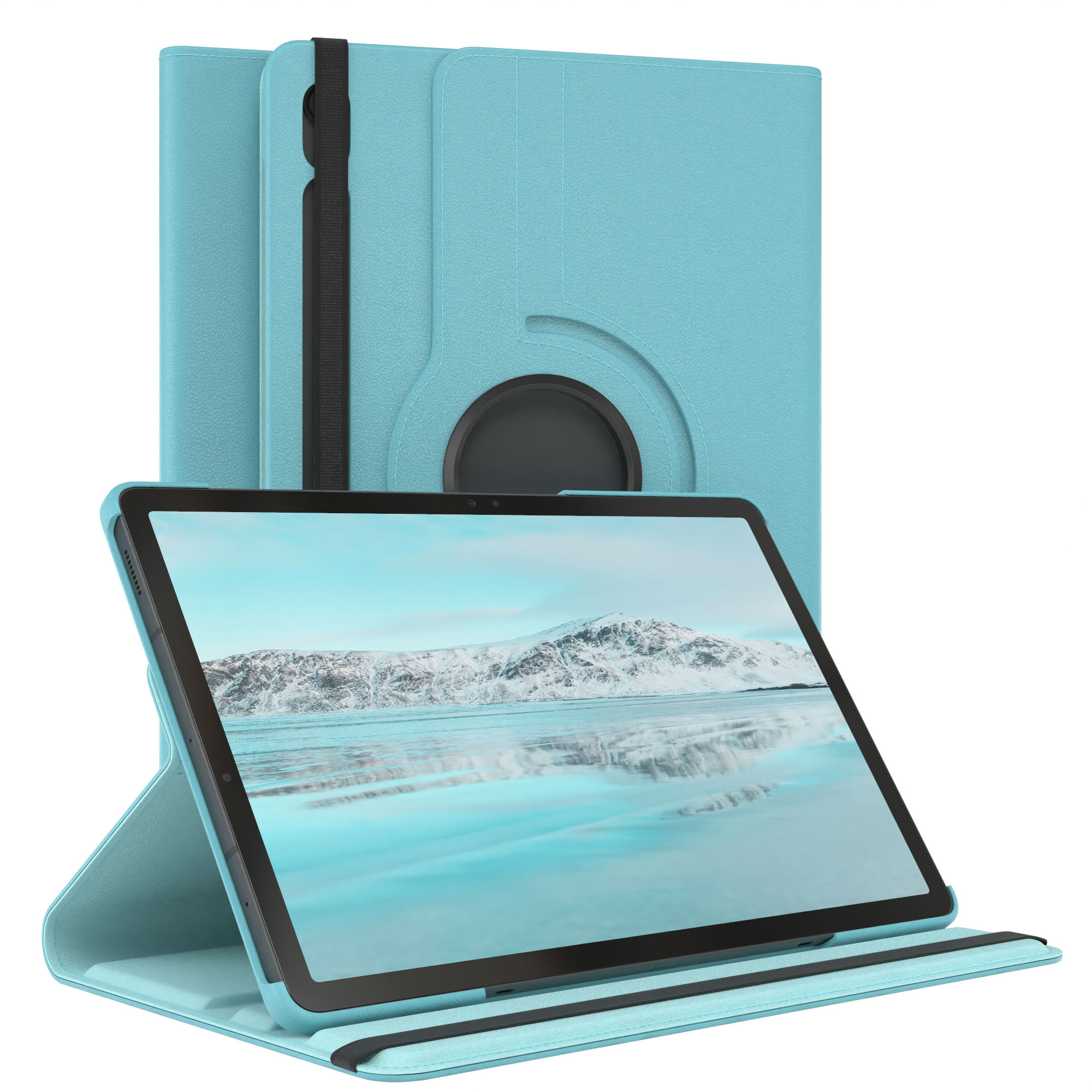 Ein Tablet in einem hellblauen Gehäuse. Der Bildschirm zeigt eine schneebedeckte Berglandschaft. Das Gehäuse steht aufrecht.