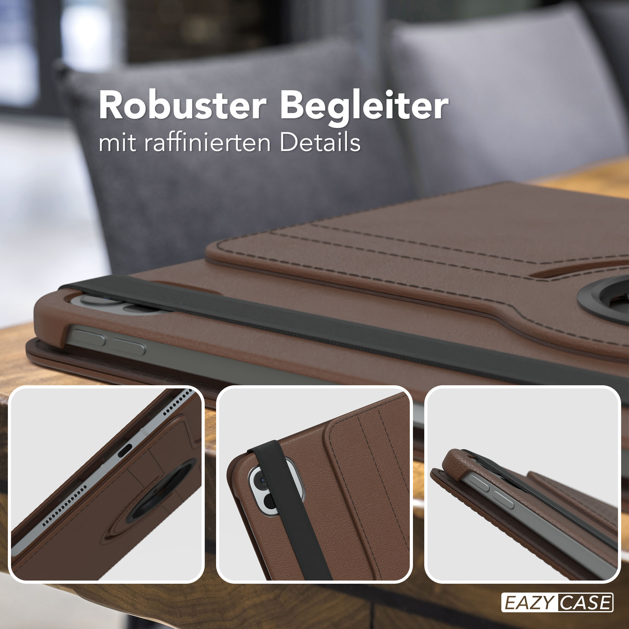 Braune Tablethülle mit schwarzem Riemen. Nahaufnahmen zeigen Details. Text lautet 'Robuster Begleiter'.