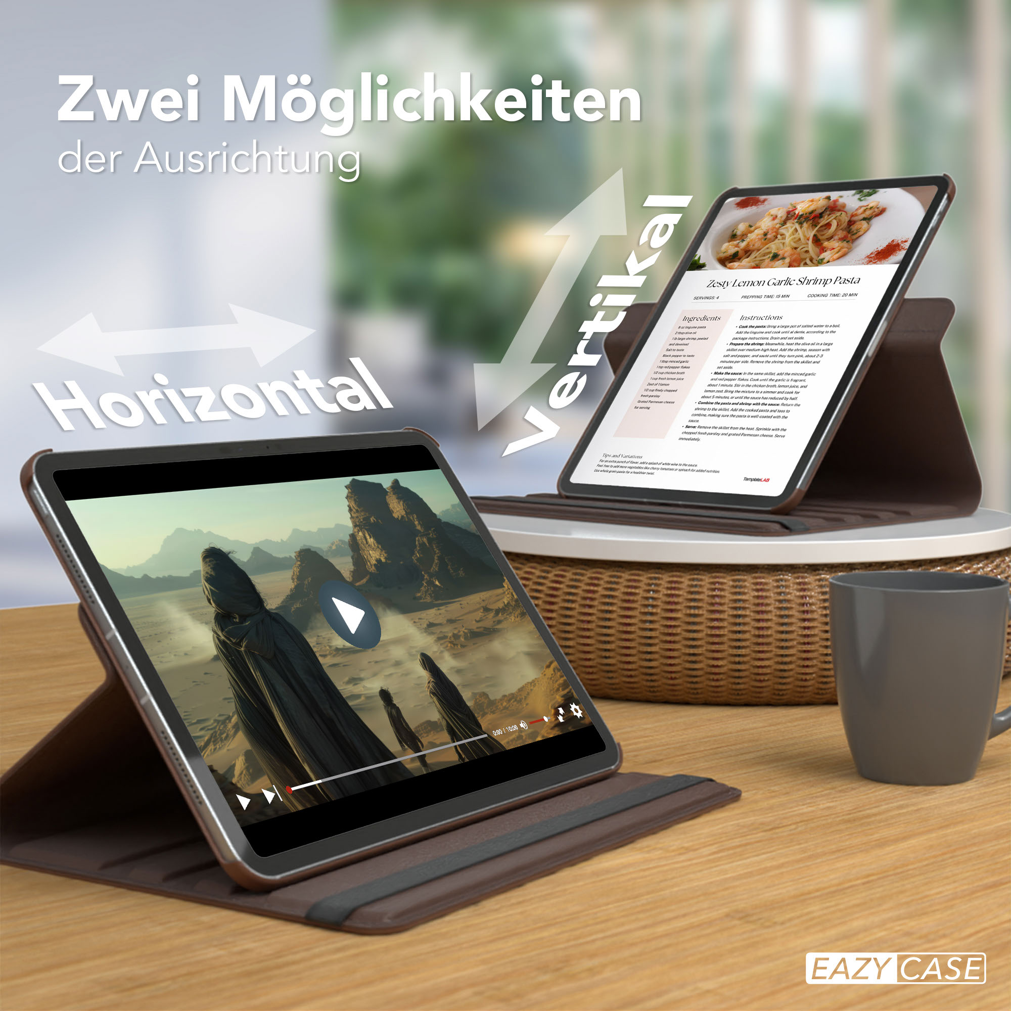 Zwei Tablets zeigen horizontale und vertikale Ausrichtungen. Eines spielt ein Video, das andere ein Rezept.