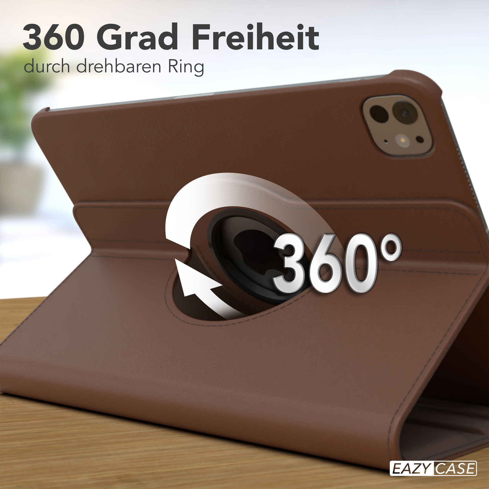 Eine braune Tablethülle mit drehbarem Ring und 360-Grad-Symbol auf Holzoberfläche.