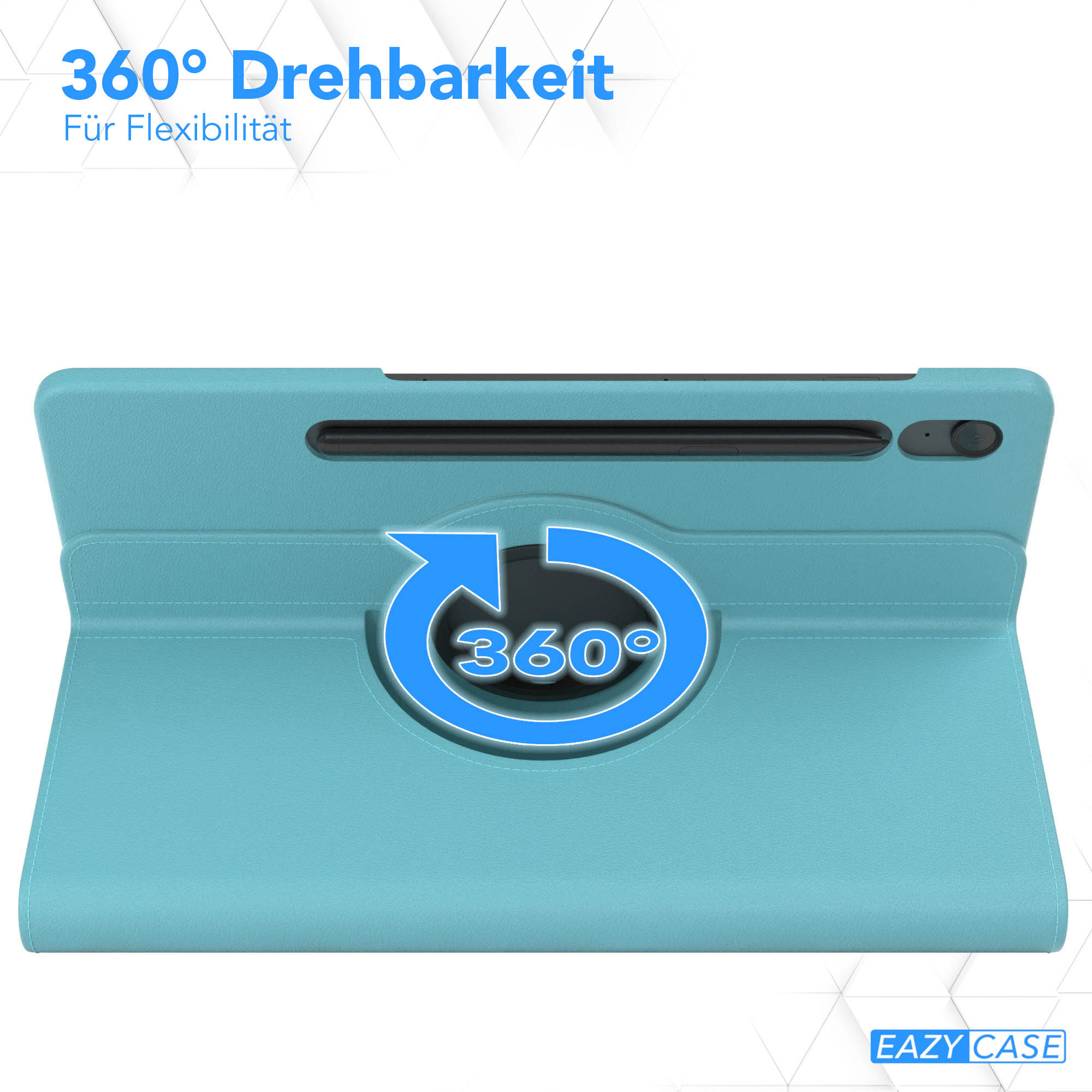 Ein Tablet in einer türkisblauen Hülle, das eine 360°-Drehung zeigt. Der Text lautet '360° Drehbarkeit' und 'Für Flexibilität'.