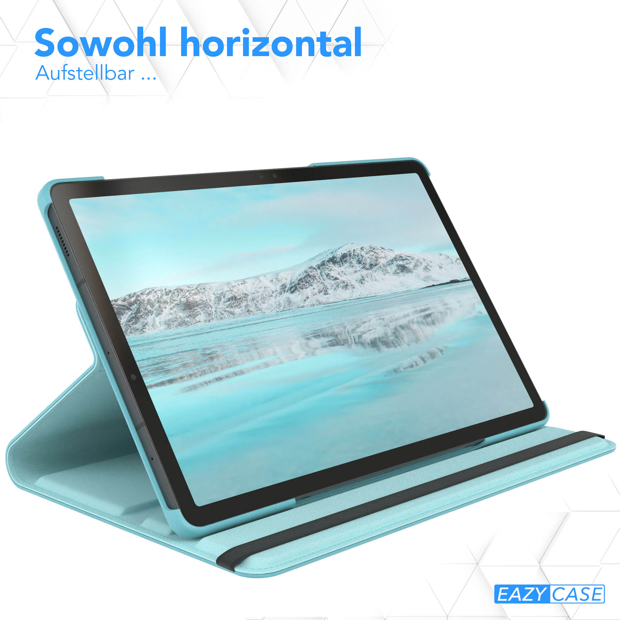 Ein Tablet mit Landschaftsanzeige, die Berge zeigt, in einer hellblauen Hülle. Oben steht 'Sowohl horizontal'.