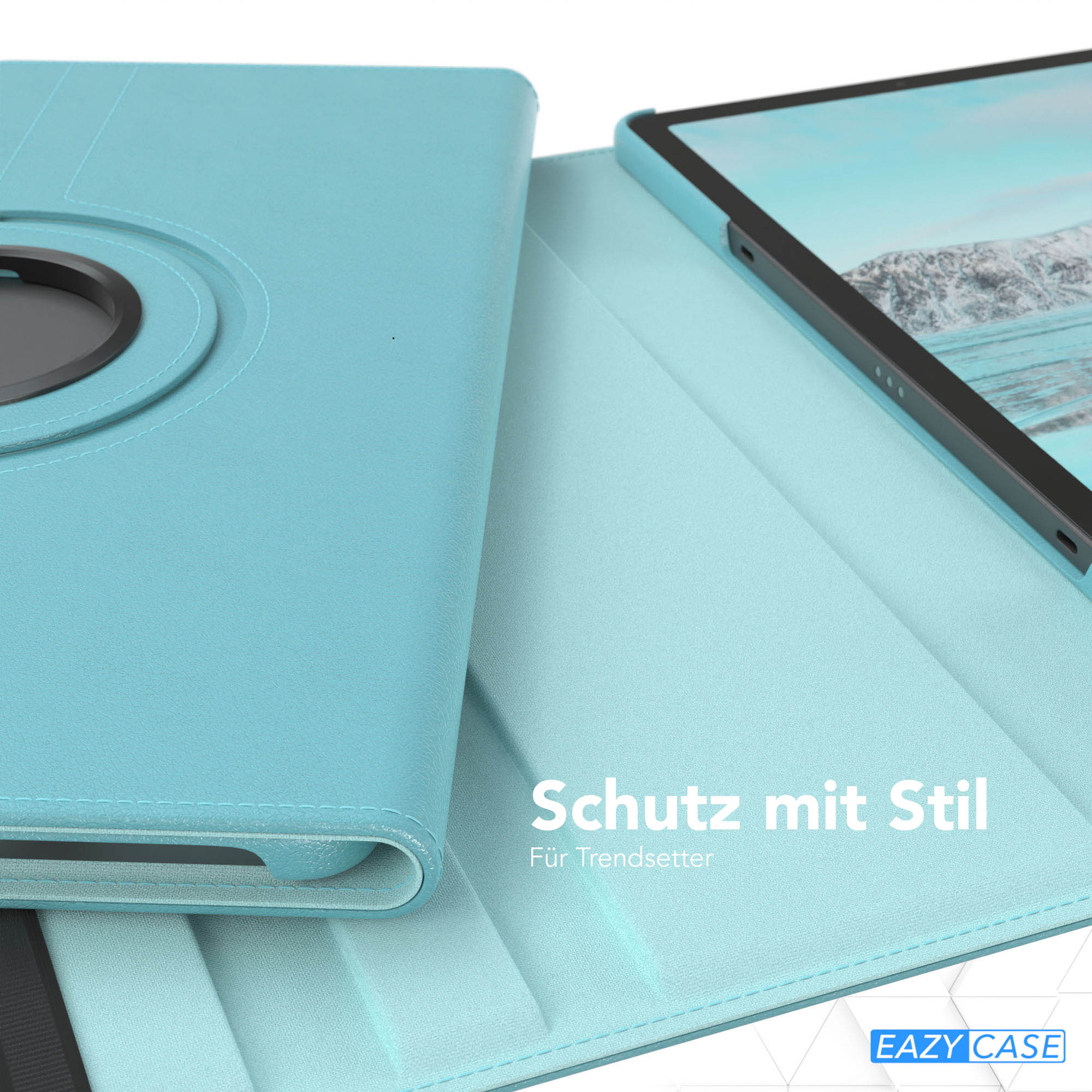 Ein Tablet in einer hellblauen Hülle. Die Hülle hat einen Drehmechanismus. Text: Schutz mit Stil, Für Trendsetter. EAZY CASE Logo.