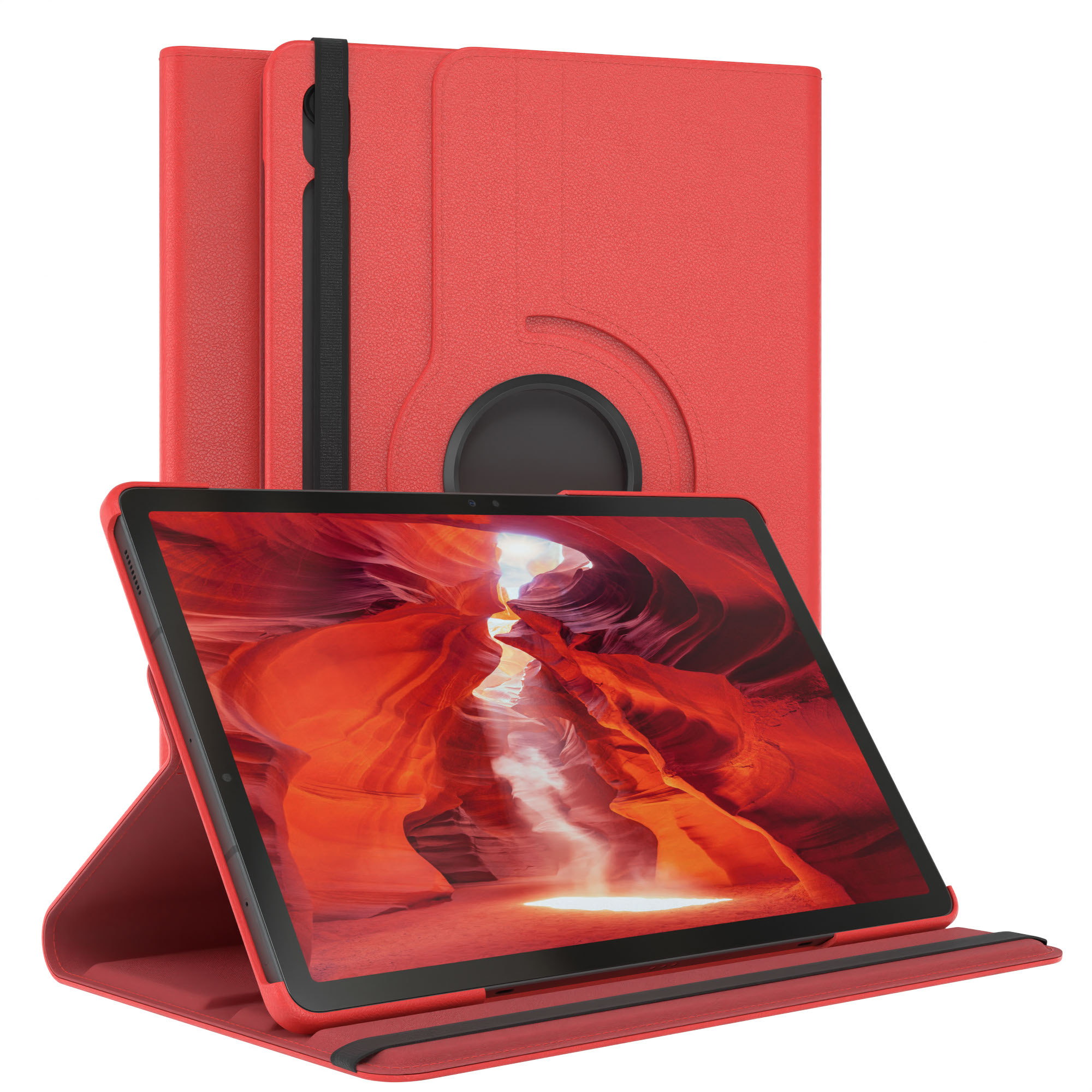 Rotes Tablet in roter Hülle, aufgeklappt. Der Bildschirm zeigt eine Schluchtszene. Zusätzliche Hülle im Hintergrund.
