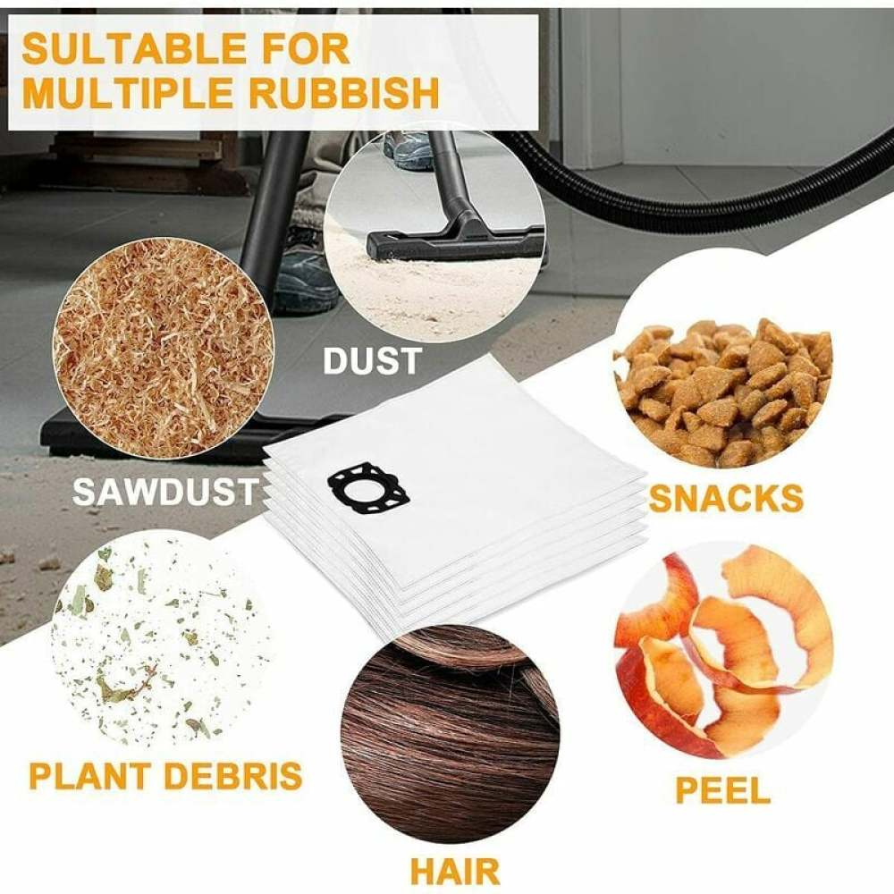 Das Bild zeigt Staubsaugerbeutel, die für verschiedene Abfallarten geeignet sind, darunter Staub, Sägemehl, Pflanzenreste, Haare, Snacks und Schalen.