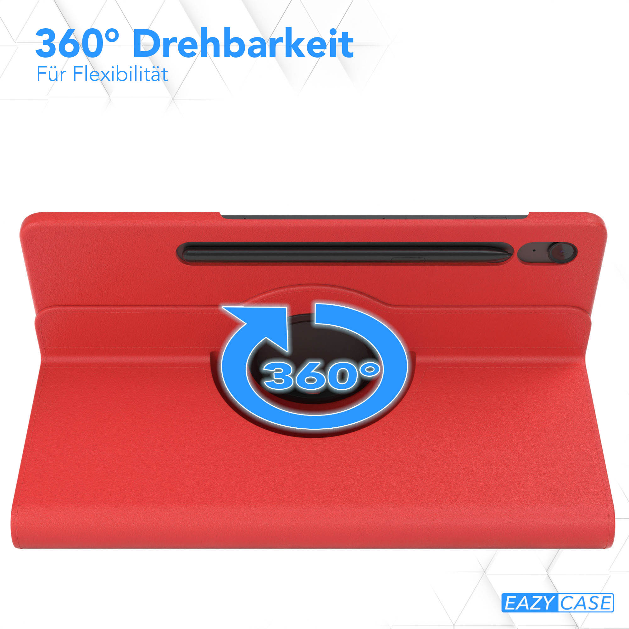 Eine rote Tablet-Hülle mit einem rotierenden 360°-Symbol. Der Text darüber lautet '360° Drehbarkeit' und 'Für Flexibilität'.