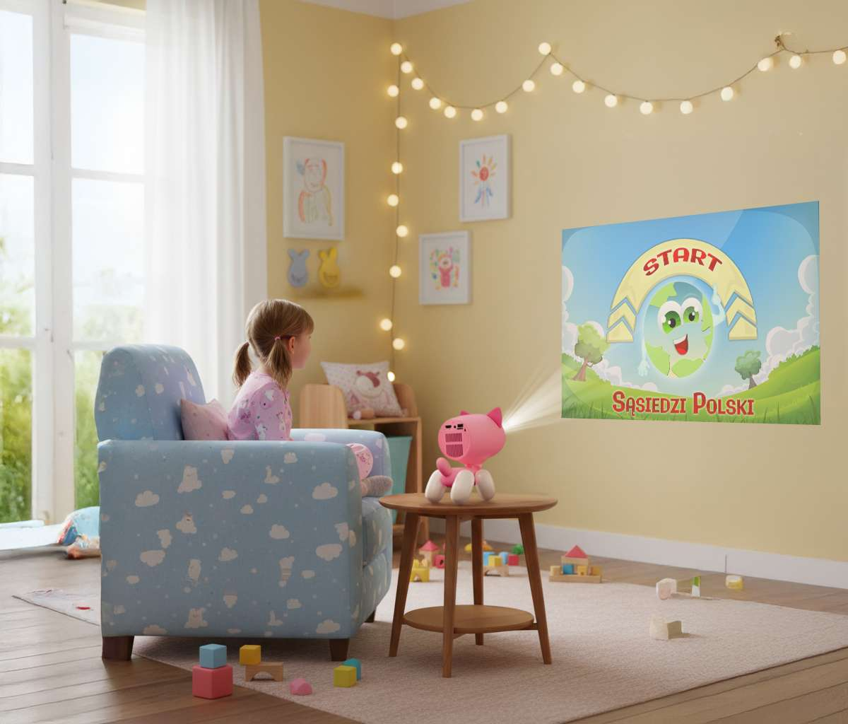 Una niña mira una proyección en la pared. Un proyector rosa está sobre una mesa. La proyección muestra un planeta Tierra de dibujos animados con la palabra START.