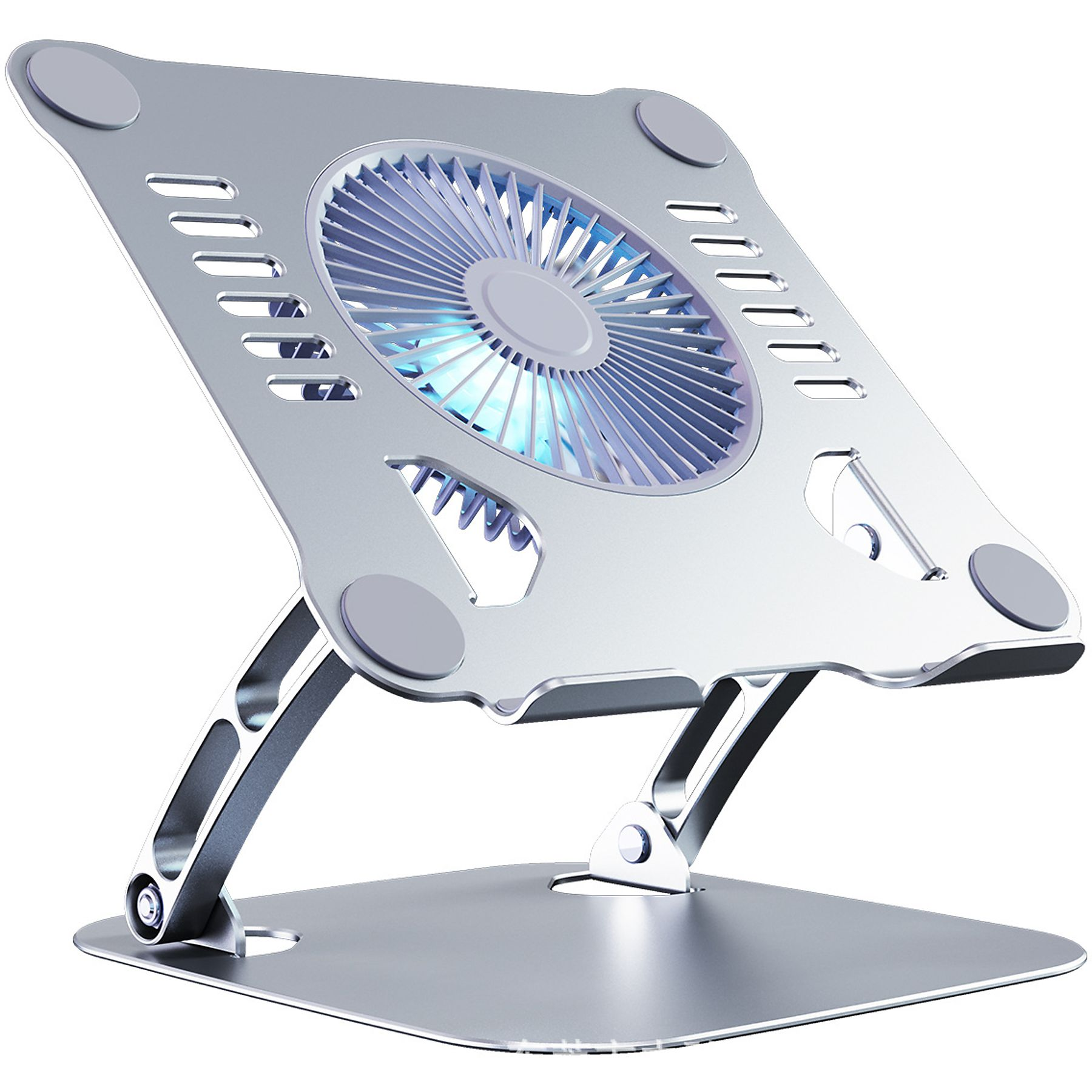 Silberner Laptop-Ständer mit eingebautem Lüfter. Verfügt über ein verstellbares Design und einen Lüfter mit blauem Licht.