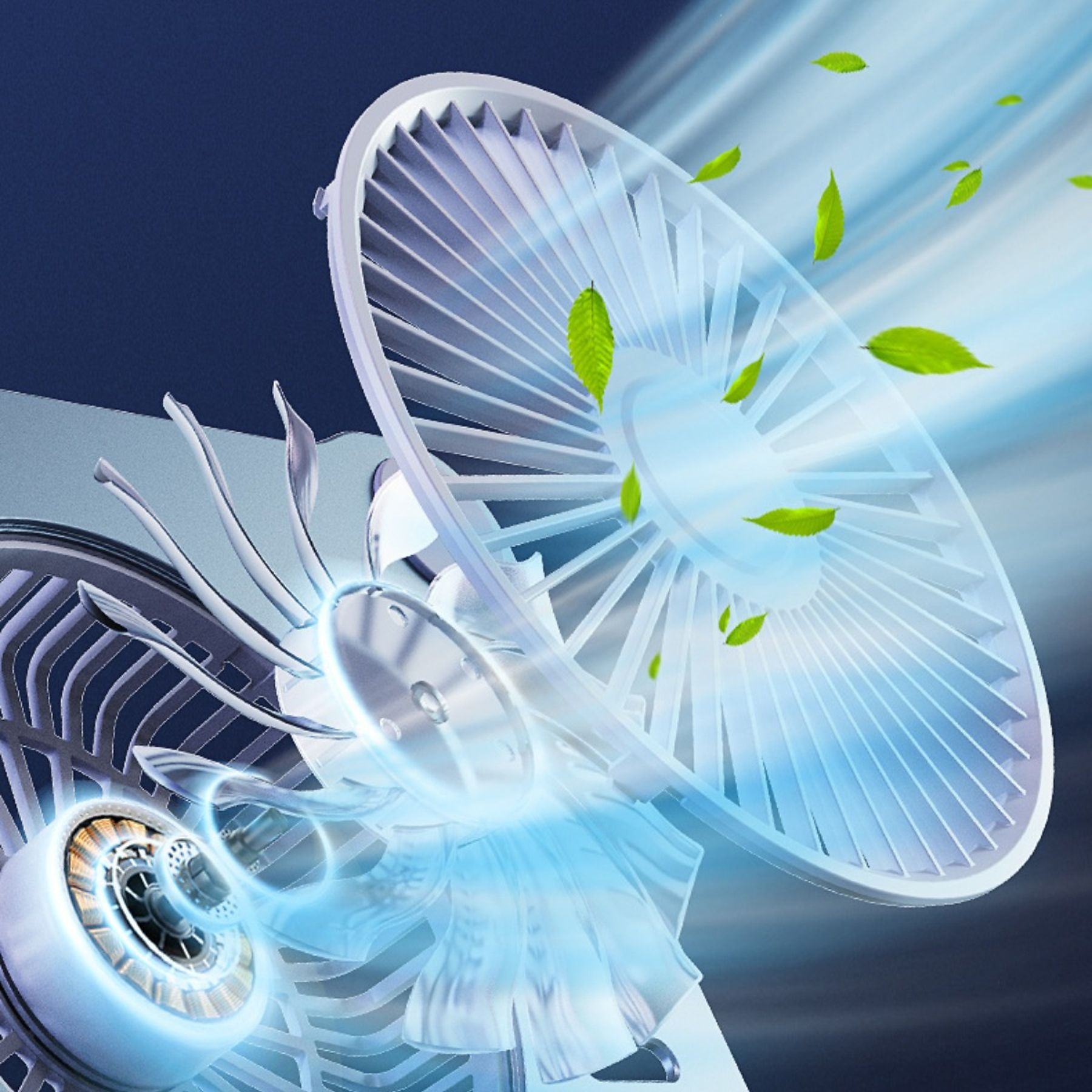 Ein Computerventilator mit Blättern, die in der Luft schweben, wodurch ein Wind- und Kühleffekt entsteht.