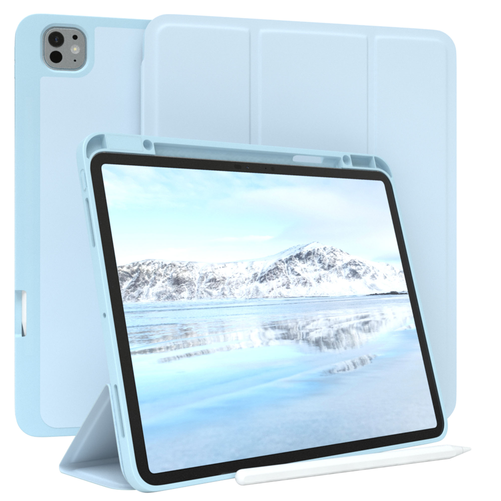 Hellblaues Tablet mit Bildschirm, der eine verschneite Berglandschaft zeigt, in einem hellblauen Gehäuse. Unten befindet sich ein weißer Stift.