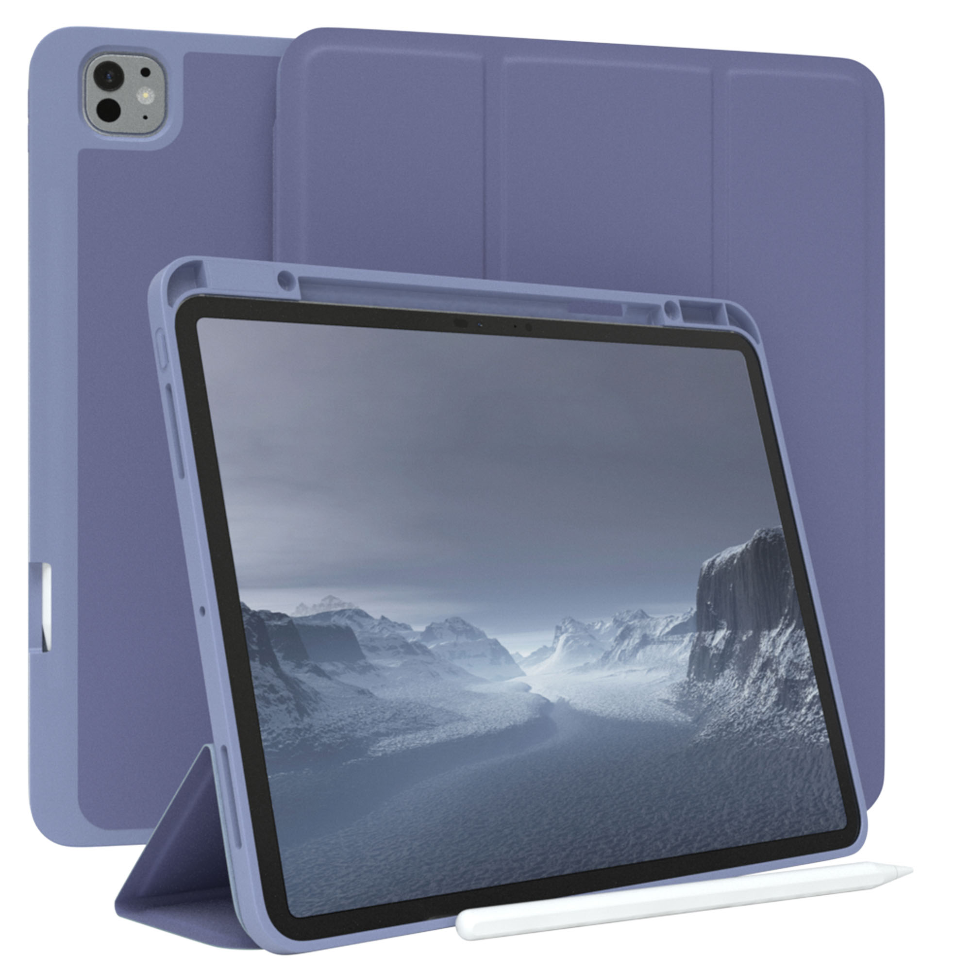 Tablet in lila Hülle mit weißem Stift. Der Bildschirm zeigt eine Winterlandschaft. Zwei weitere Hüllen sind dahinter.